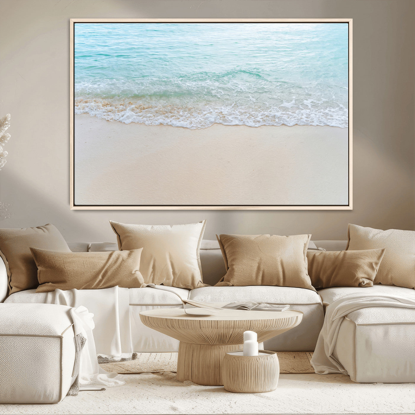 Soft shoreline with gentle aqua waves on smooth sand, ideal for minimalist coastal or pastel ocean-inspired home wall decor.