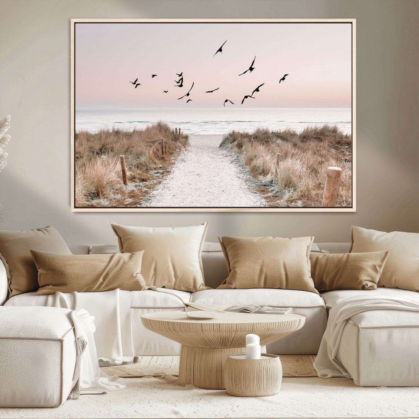 A peaceful coastal pathway leading to the ocean, with birds flying across a soft pastel sky, creating a calm and scenic beach atmosphere.