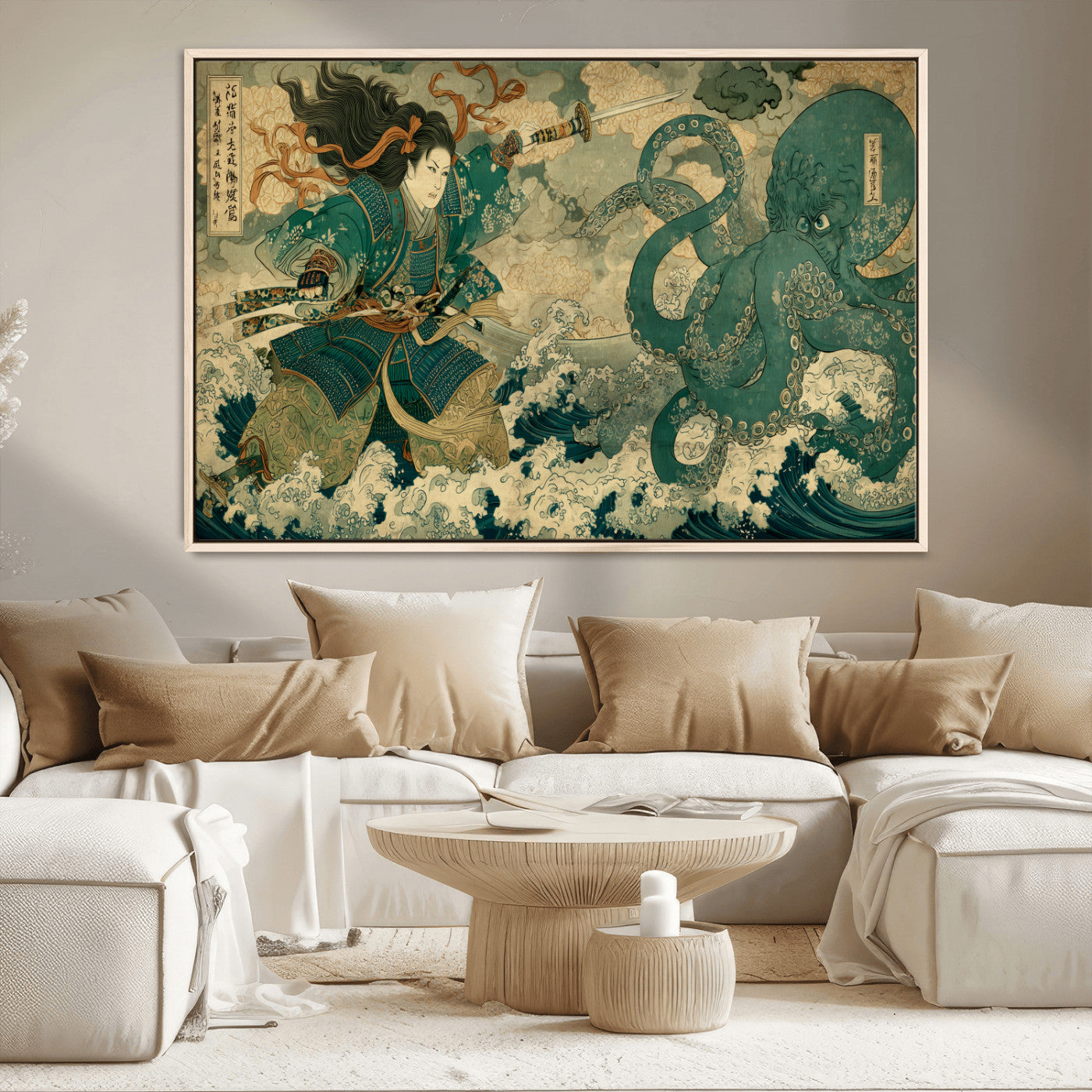 Tsukioka Yoshitoshi Samurai Wall Art Print, Japanese Katana Warrior Canvas Wall Art, Octopus Sea Monster Canvas Print,