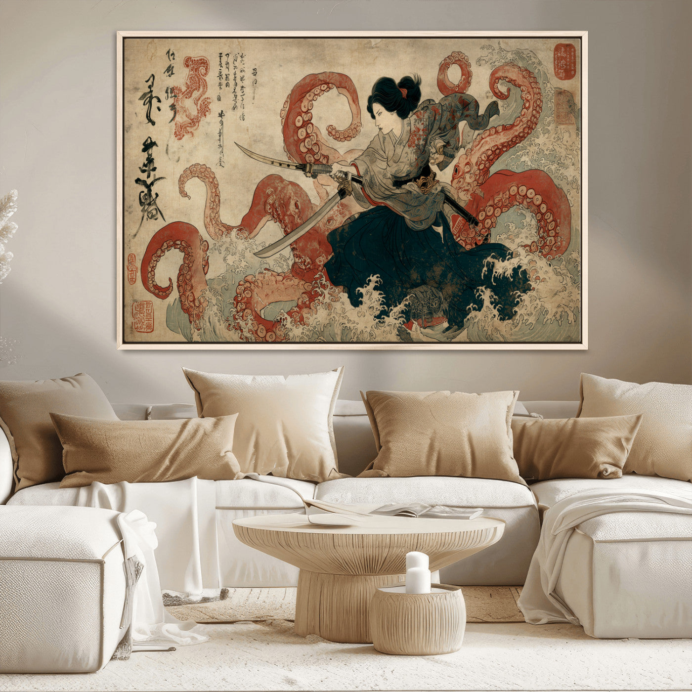Tsukioka Yoshitoshi Samurai Wall Art Print, Japanese Katana Warrior Canvas Wall Art, Octopus Sea Monster Canvas Print,