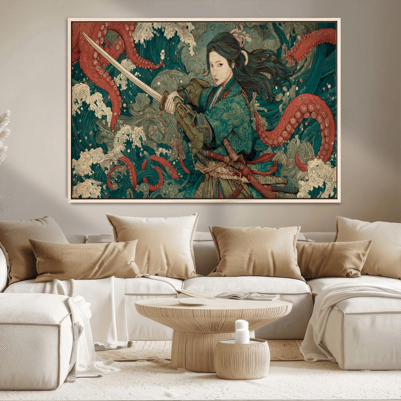 Tsukioka Yoshitoshi Samurai Wall Art Print, Japanese Katana Warrior Canvas Wall Art, Octopus Sea Monster Canvas Print,