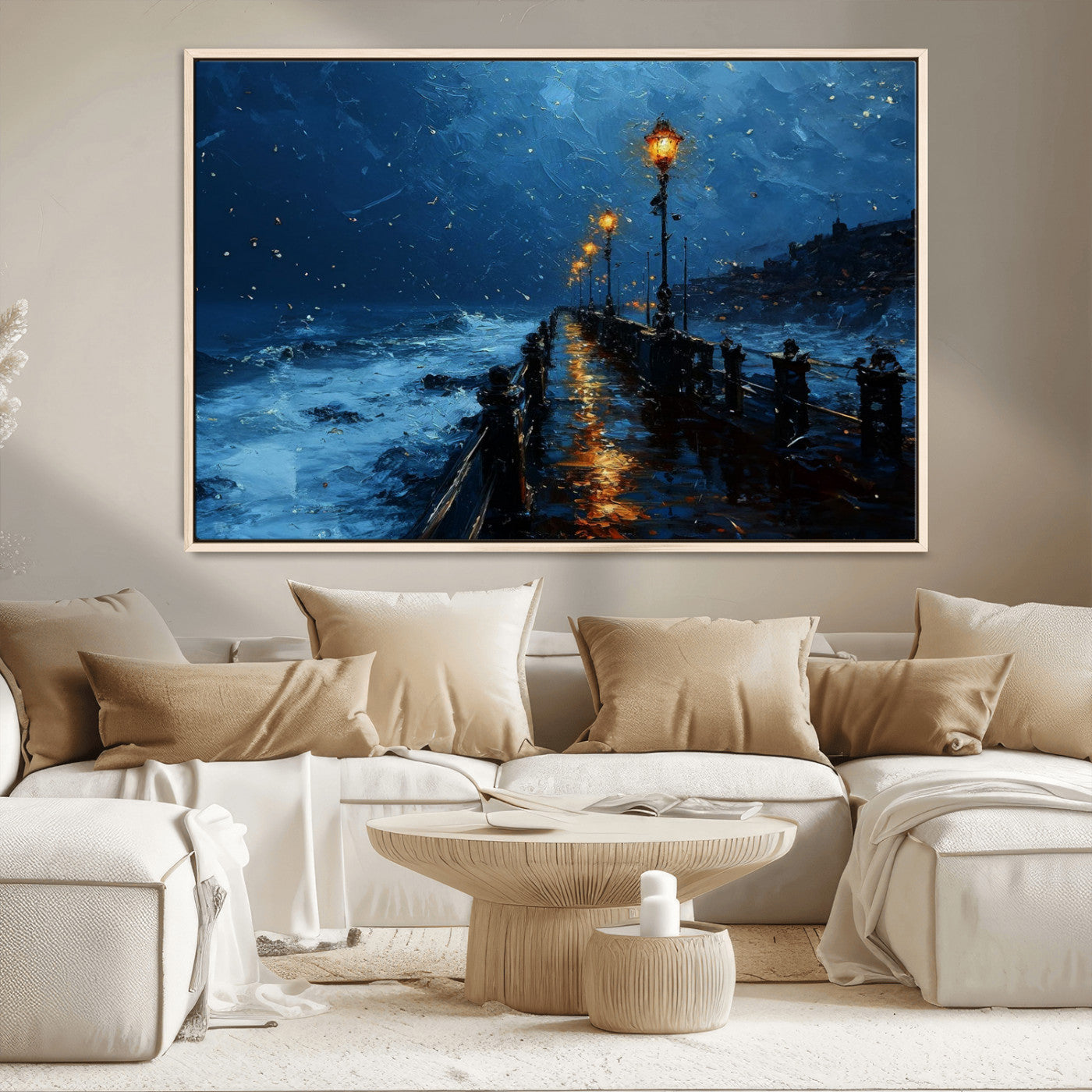 "Impressionistic painting of a rainy pier at night with glowing street lamps reflecting on the wet surface, ocean waves crashing under a dark blue sky."