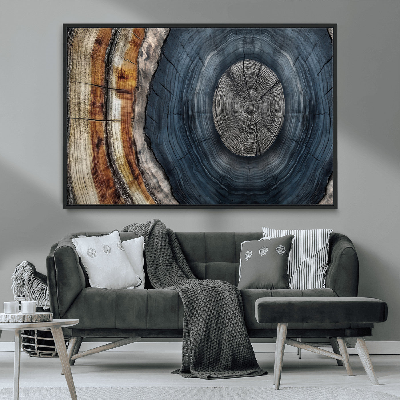 A stunning close-up of a tree trunk showing the intricate, circular growth rings, showcasing the natural textures and rich contrasts in deep blues, browns, and silvers.
