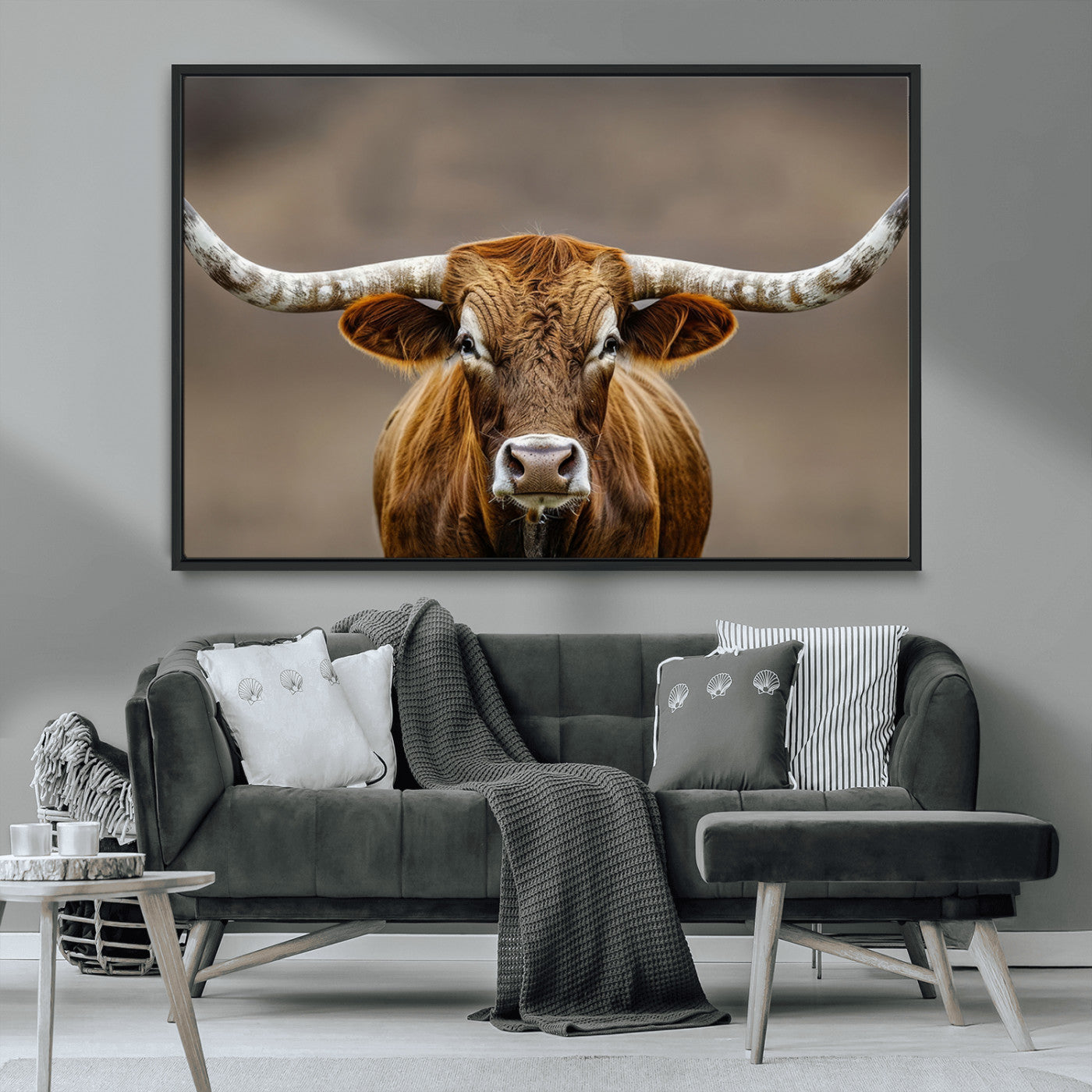 Close-up of a Texas Longhorn with strong curved horns and warm brown tones, perfect for rustic or western-style wall decor.