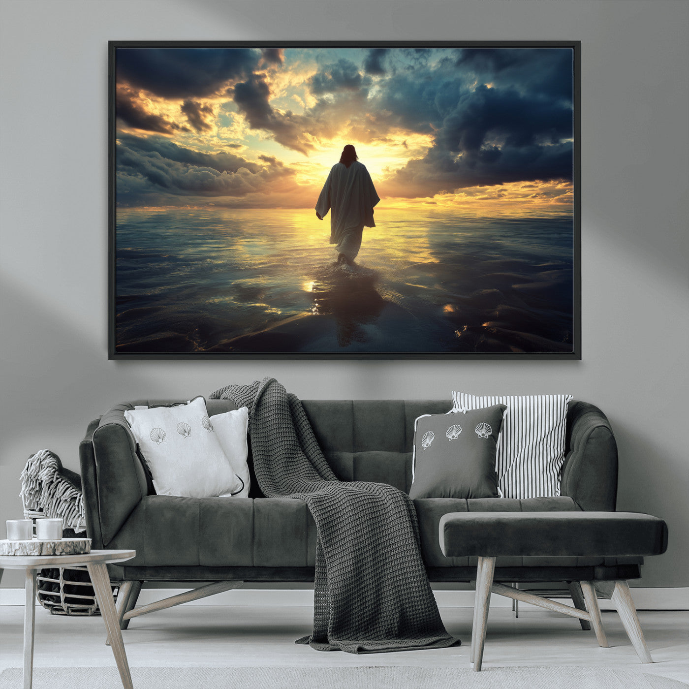 Spiritual artwork of Jesus walking on water at golden hour with divine light, ideal for Christian home decor or prayer room.