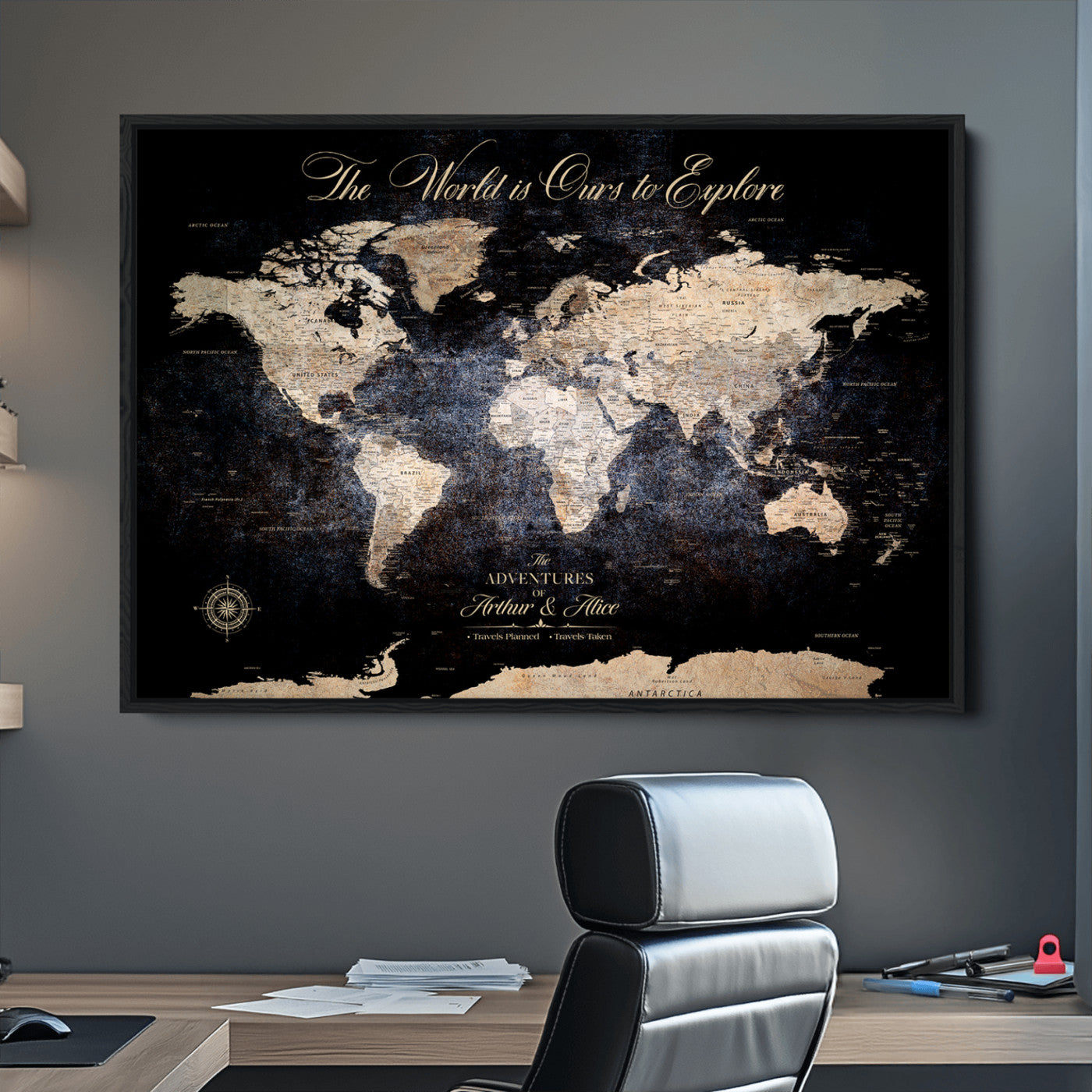 '-Customize Push Pin World Map Wall Canvas Print, Personalized Travel Tracker with Pins, Framed Large Canvas for Home Office Decor - H37