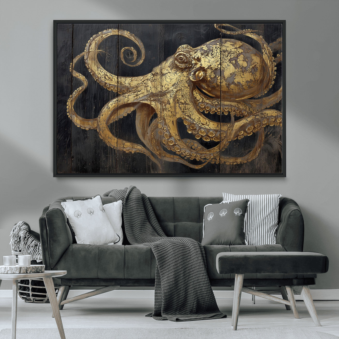 A detailed gold illustration of an octopus on black wooden planks, showing its intricate tentacles and textured skin in an artistic style.