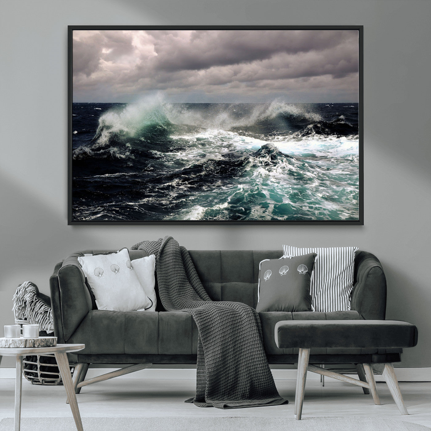 Powerful ocean waves crashing under stormy skies, creating a dynamic and intense seascape.
