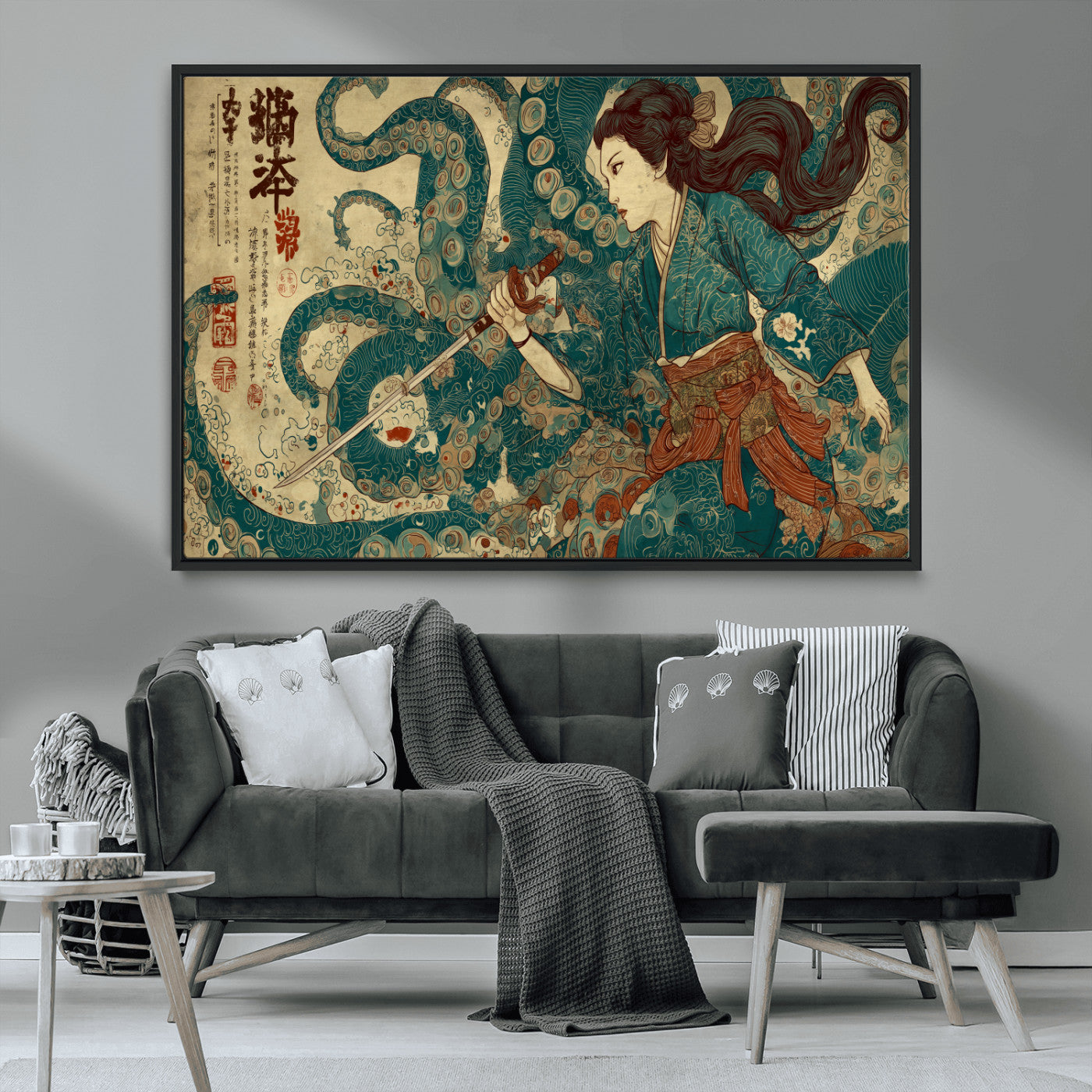 Tsukioka Yoshitoshi Samurai Wall Art Print, Japanese Katana Warrior Canvas Wall Art, Octopus Sea Monster Canvas Print,