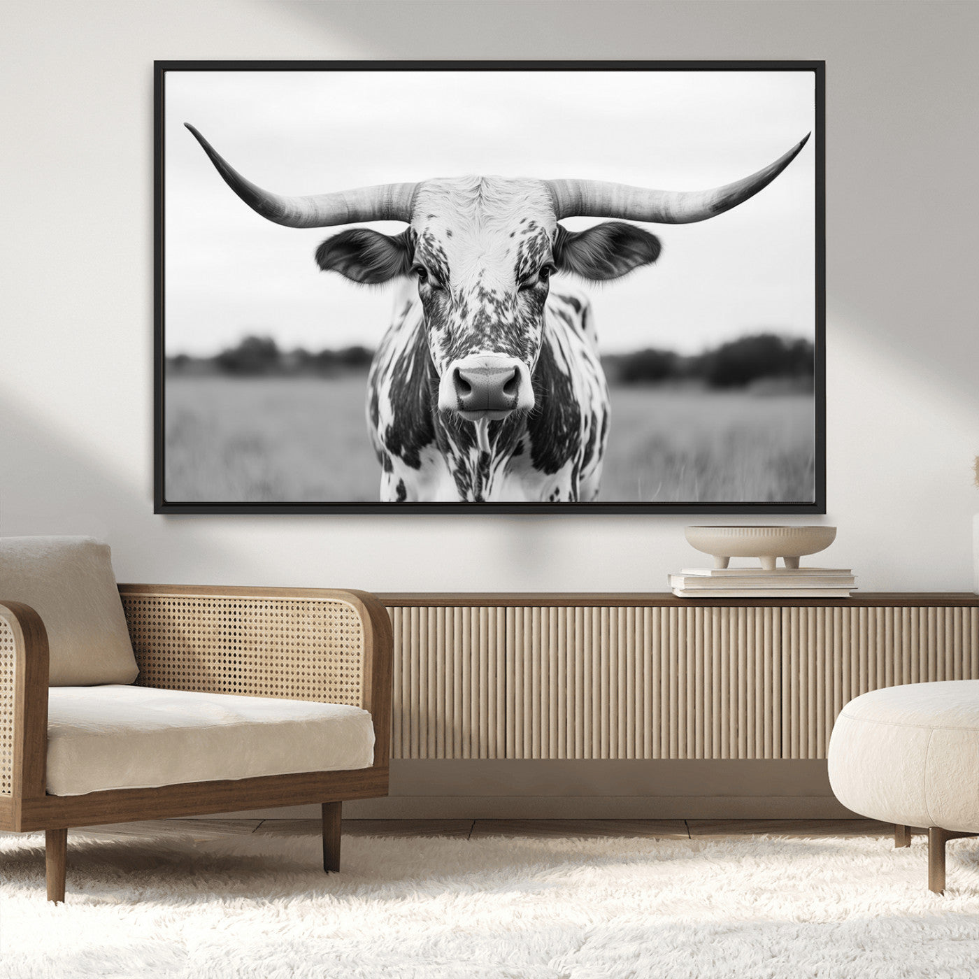 Capture the strength and elegance of nature with this striking black and white portrait of a longhorn cow. Its powerful presence makes a bold statement in any room.