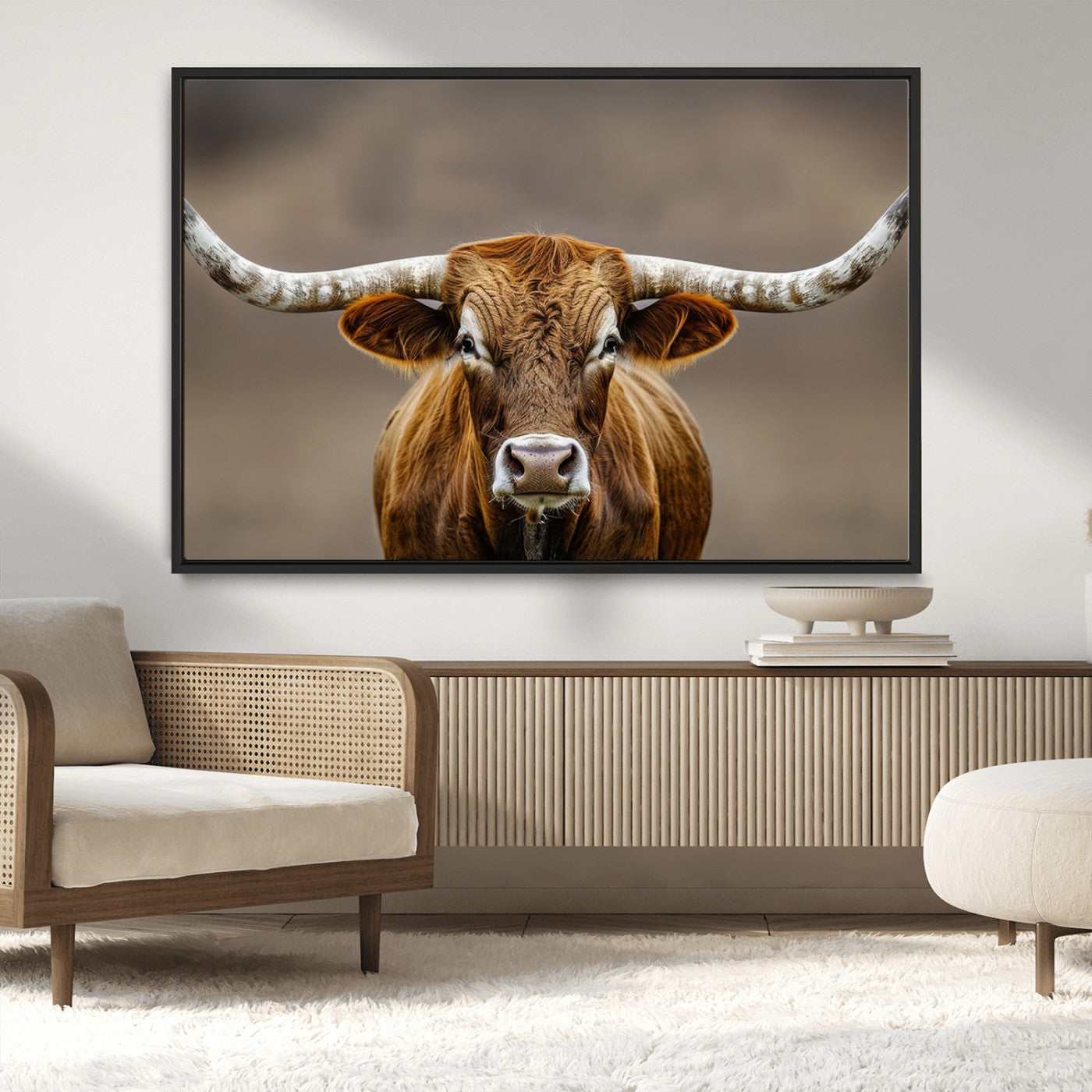 Close-up of a Texas Longhorn with strong curved horns and warm brown tones, perfect for rustic or western-style wall decor.