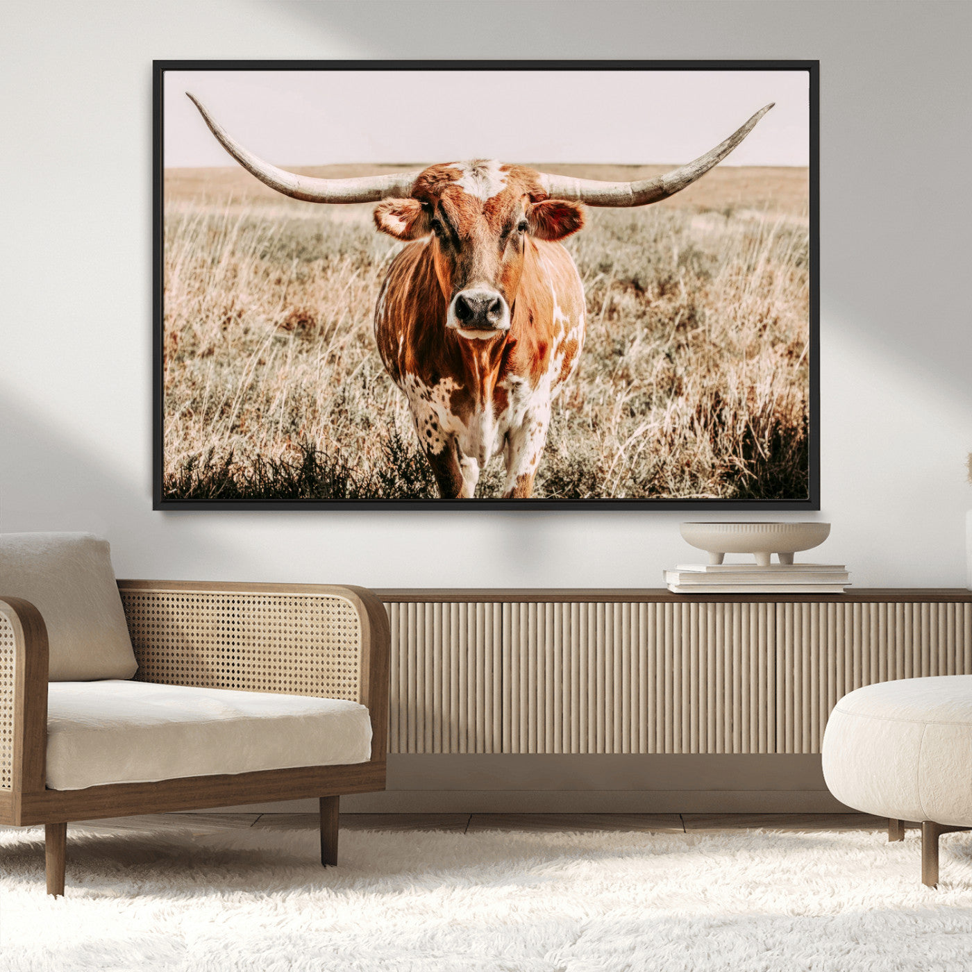 Framed longhorn cow canvas wall art with rustic prairie background, western animal print perfect for farmhouse or ranch style decor