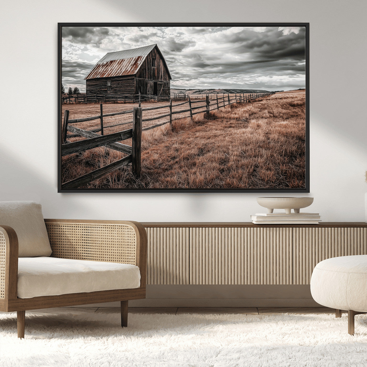 Framed canvas of a rustic barn under a moody sky with weathered fence and dark fields, ideal for farmhouse or rural-style wall decor.