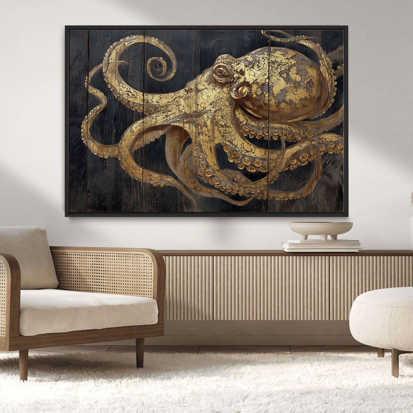A detailed gold illustration of an octopus on black wooden planks, showing its intricate tentacles and textured skin in an artistic style.