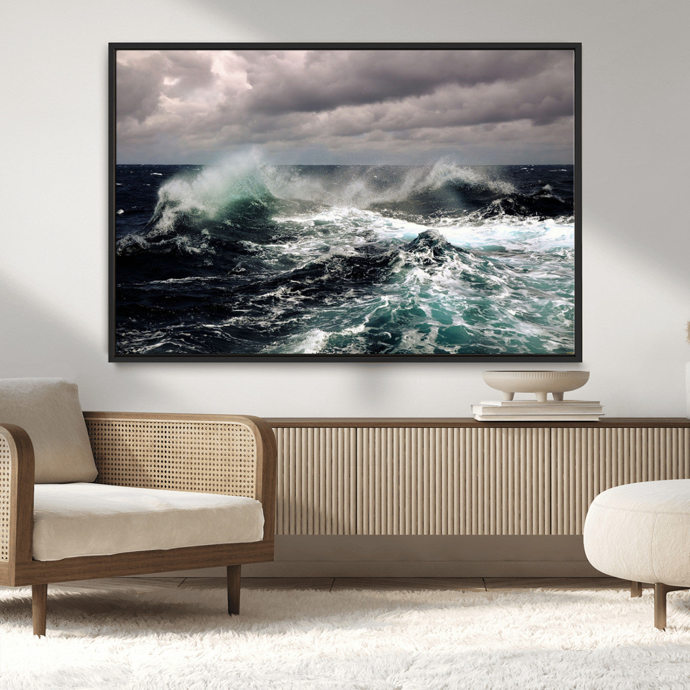 Powerful ocean waves crashing under stormy skies, creating a dynamic and intense seascape.
