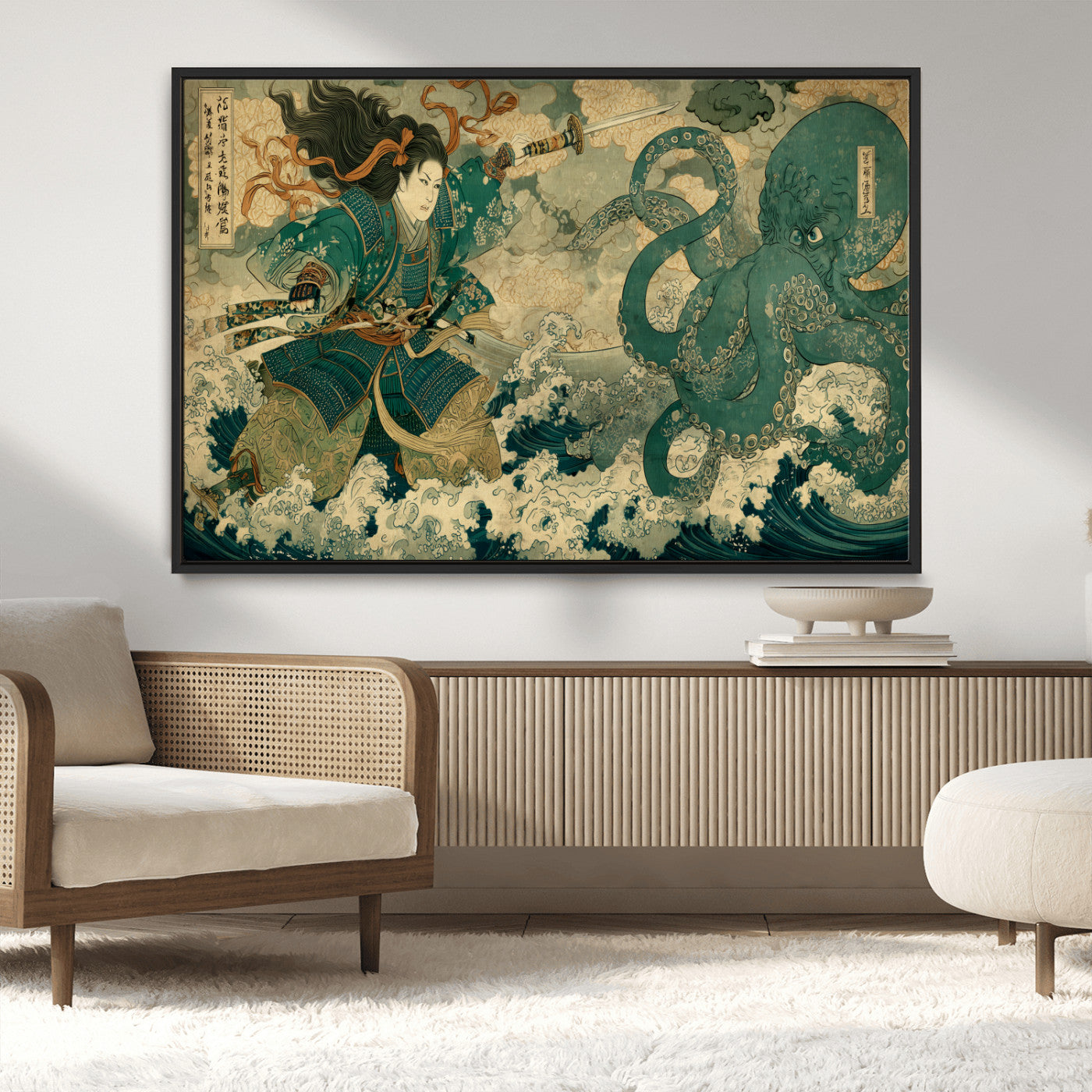Tsukioka Yoshitoshi Samurai Wall Art Print, Japanese Katana Warrior Canvas Wall Art, Octopus Sea Monster Canvas Print,