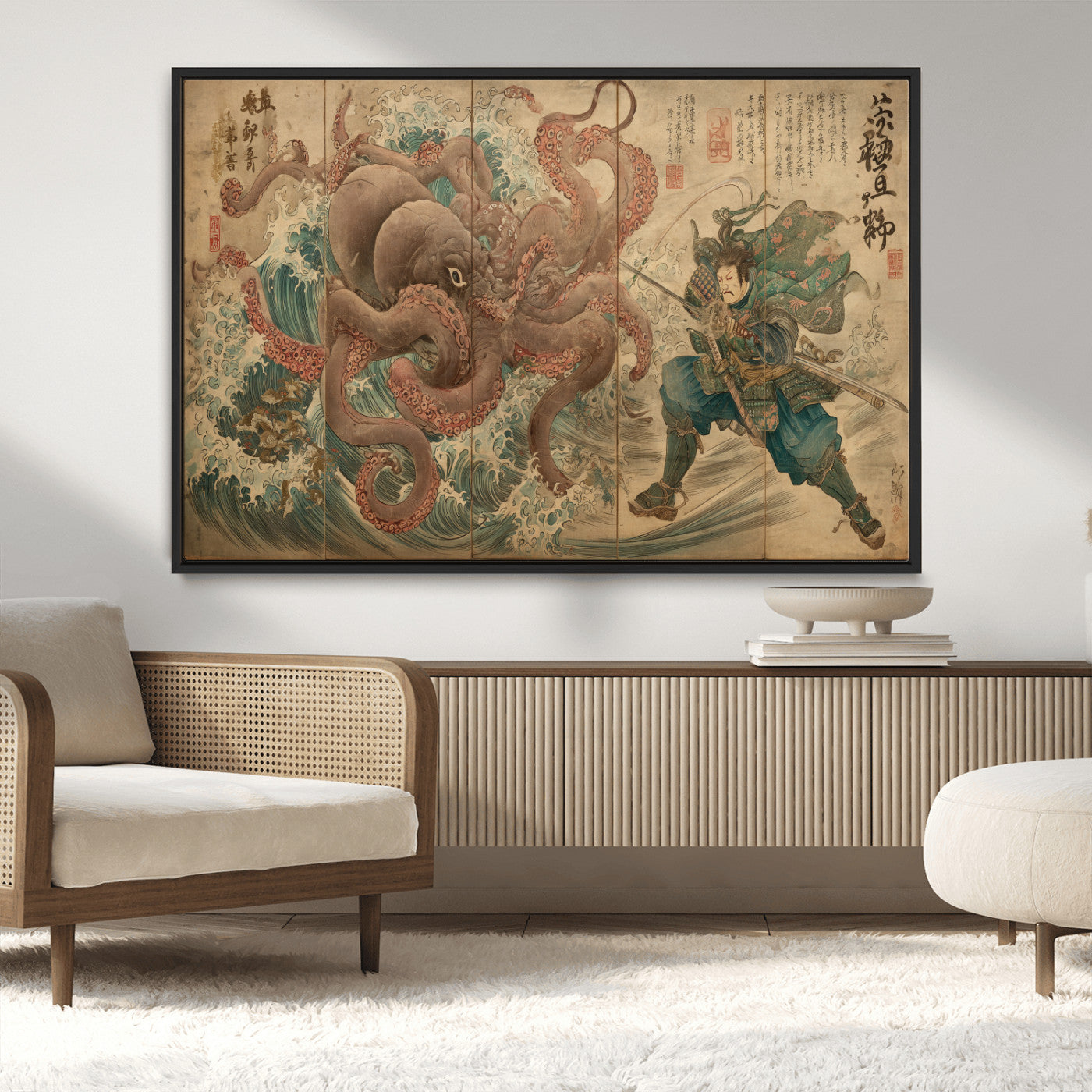 Tsukioka Yoshitoshi Samurai Wall Art Print, Japanese Katana Warrior Canvas Wall Art, Octopus Sea Monster Canvas Print,