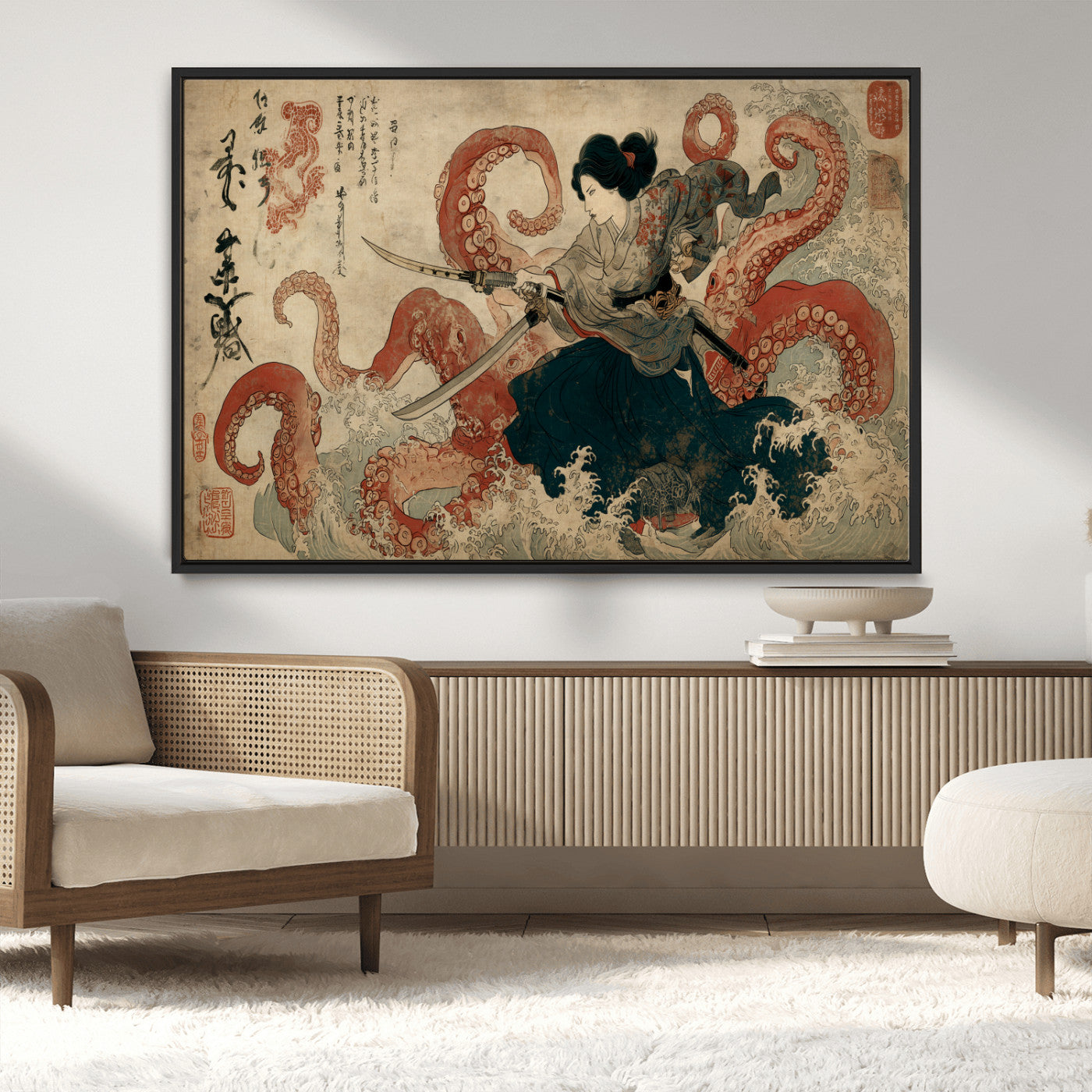 Tsukioka Yoshitoshi Samurai Wall Art Print, Japanese Katana Warrior Canvas Wall Art, Octopus Sea Monster Canvas Print,