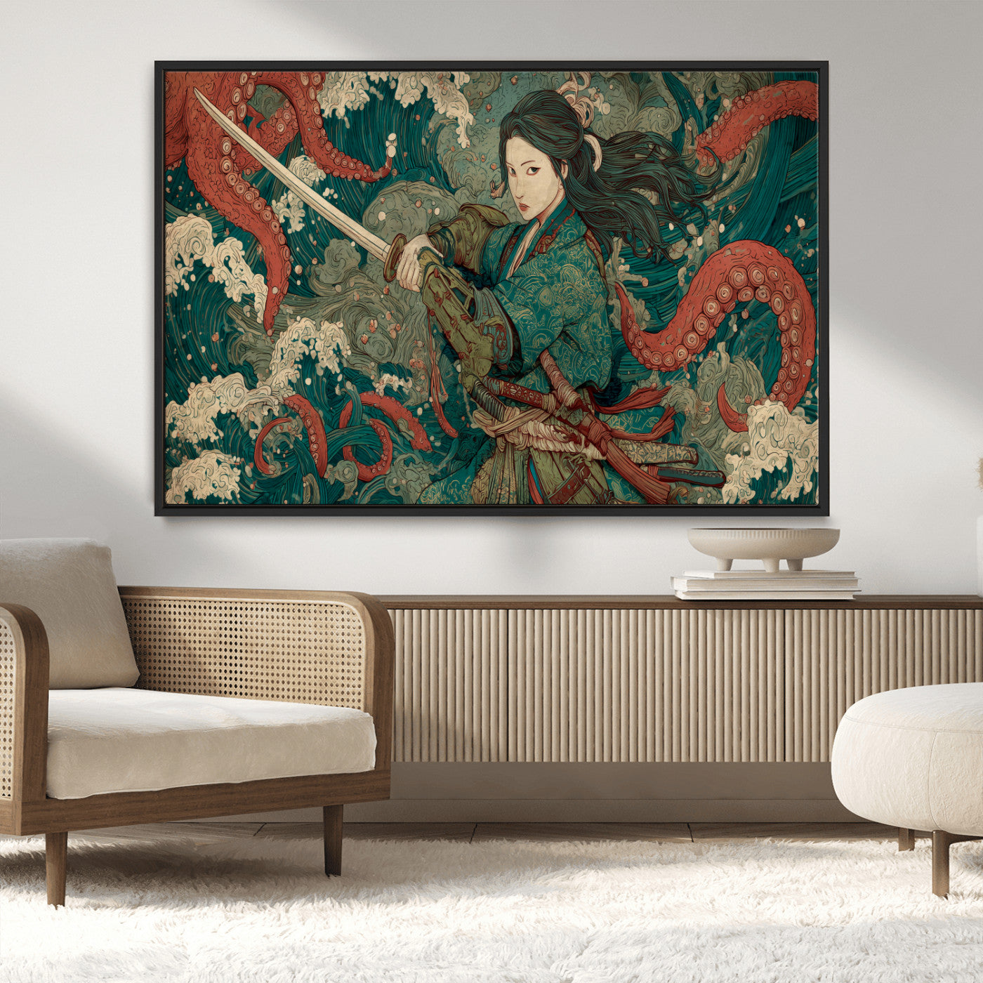 Tsukioka Yoshitoshi Samurai Wall Art Print, Japanese Katana Warrior Canvas Wall Art, Octopus Sea Monster Canvas Print,
