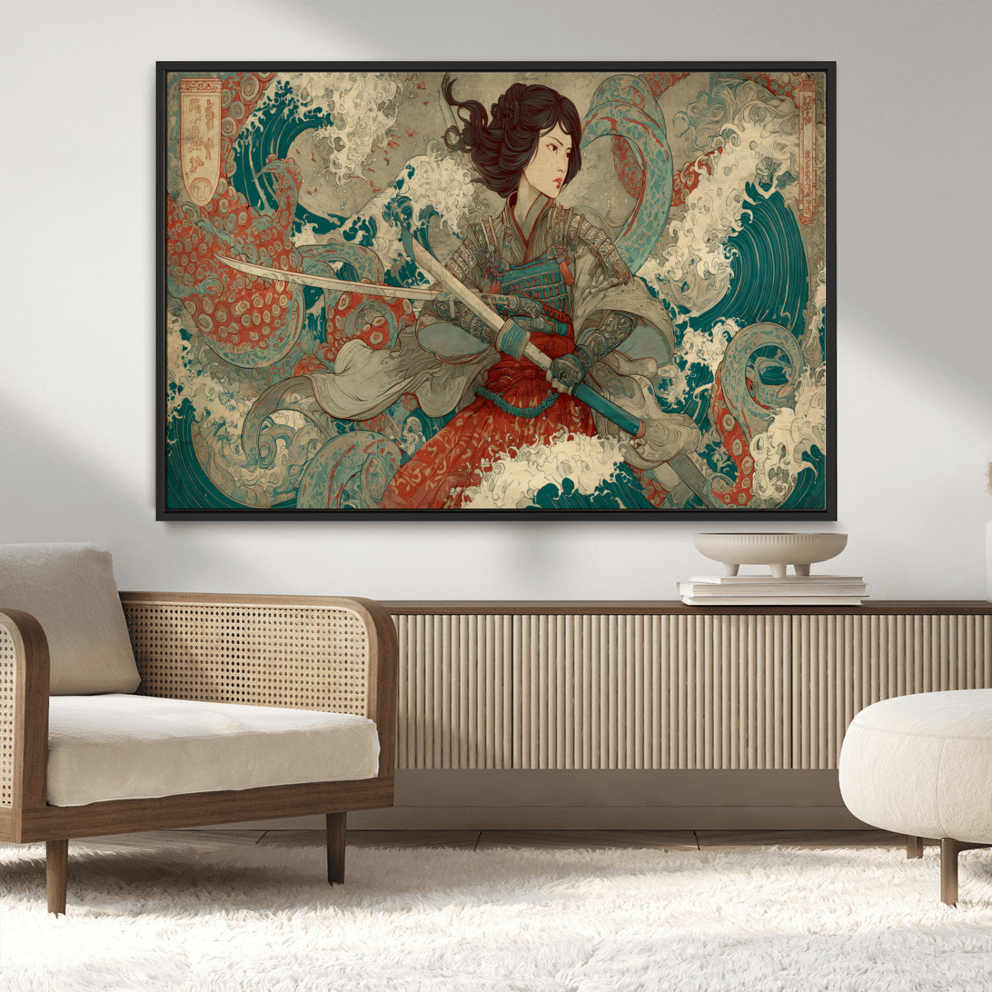 Tsukioka Yoshitoshi Samurai Wall Art Print, Japanese Katana Warrior Canvas Wall Art, Octopus Sea Monster Canvas Print,