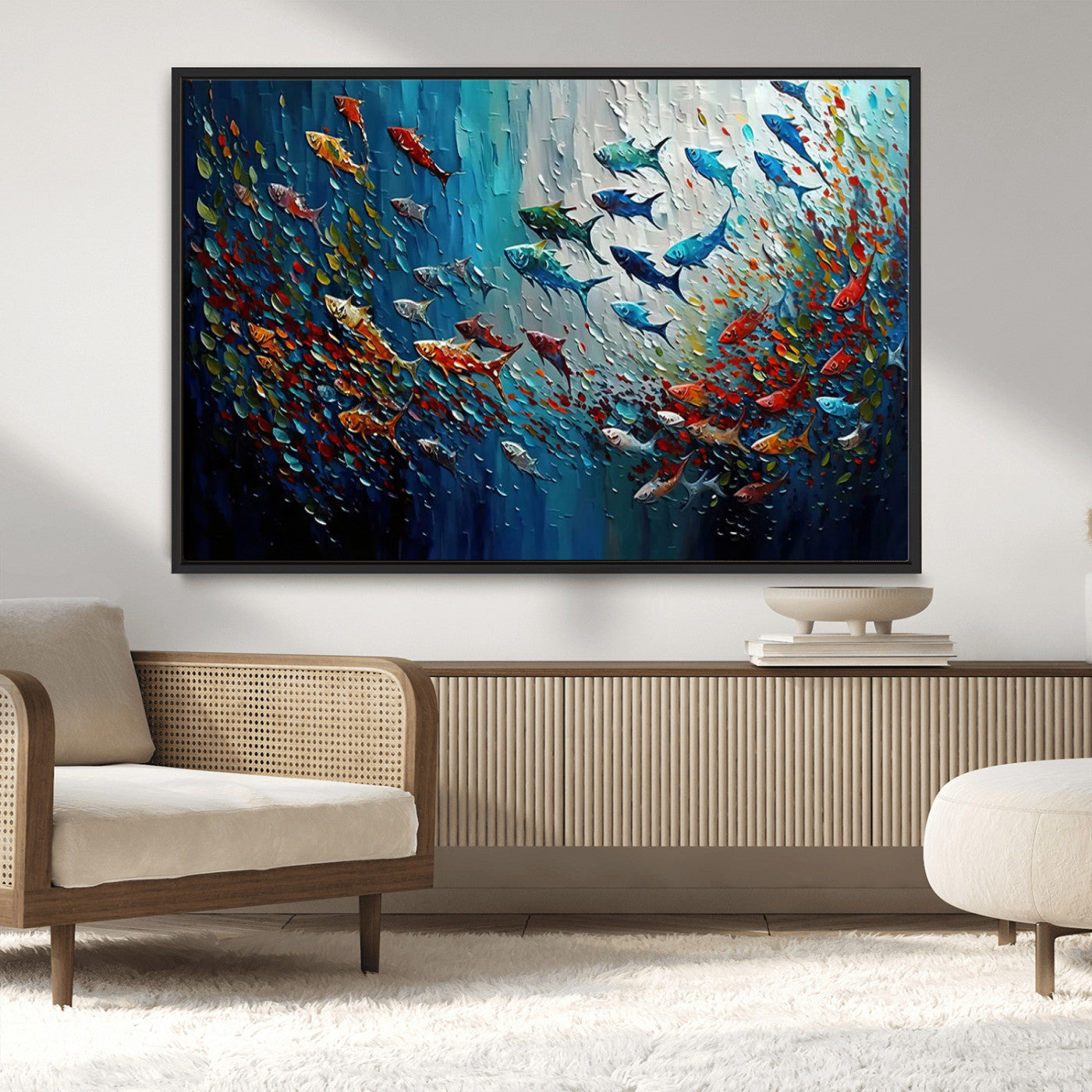 Colorful painting of fish swimming in abstract ocean swirls, perfect for vibrant marine-themed or expressive coastal home decor.