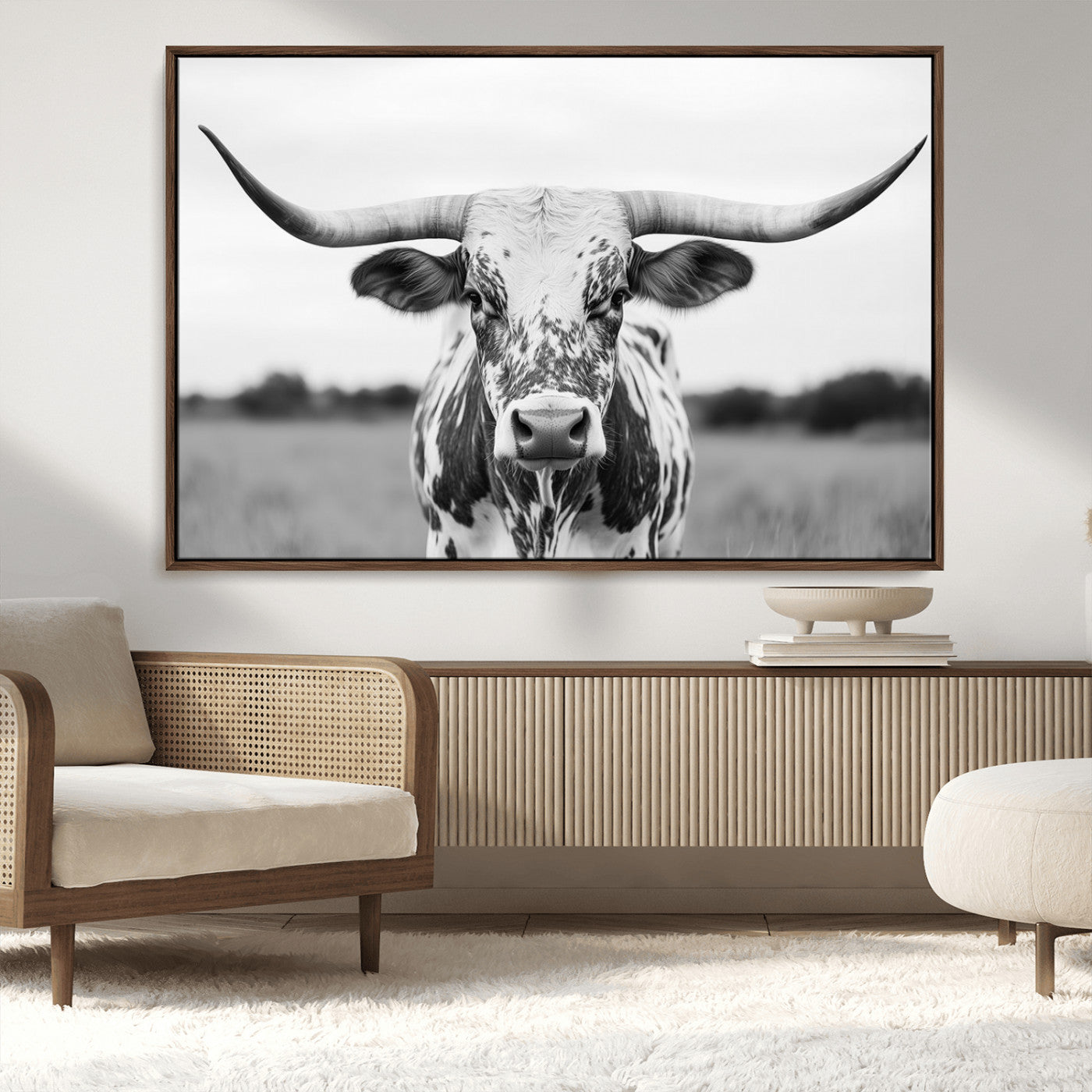 Capture the strength and elegance of nature with this striking black and white portrait of a longhorn cow. Its powerful presence makes a bold statement in any room.