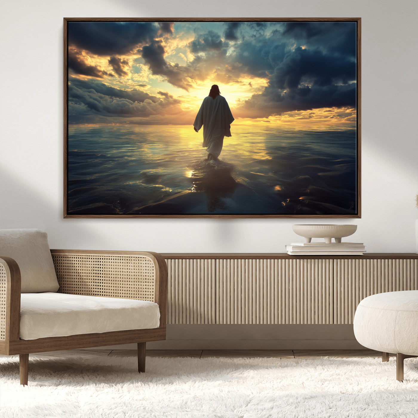 Spiritual artwork of Jesus walking on water at golden hour with divine light, ideal for Christian home decor or prayer room.