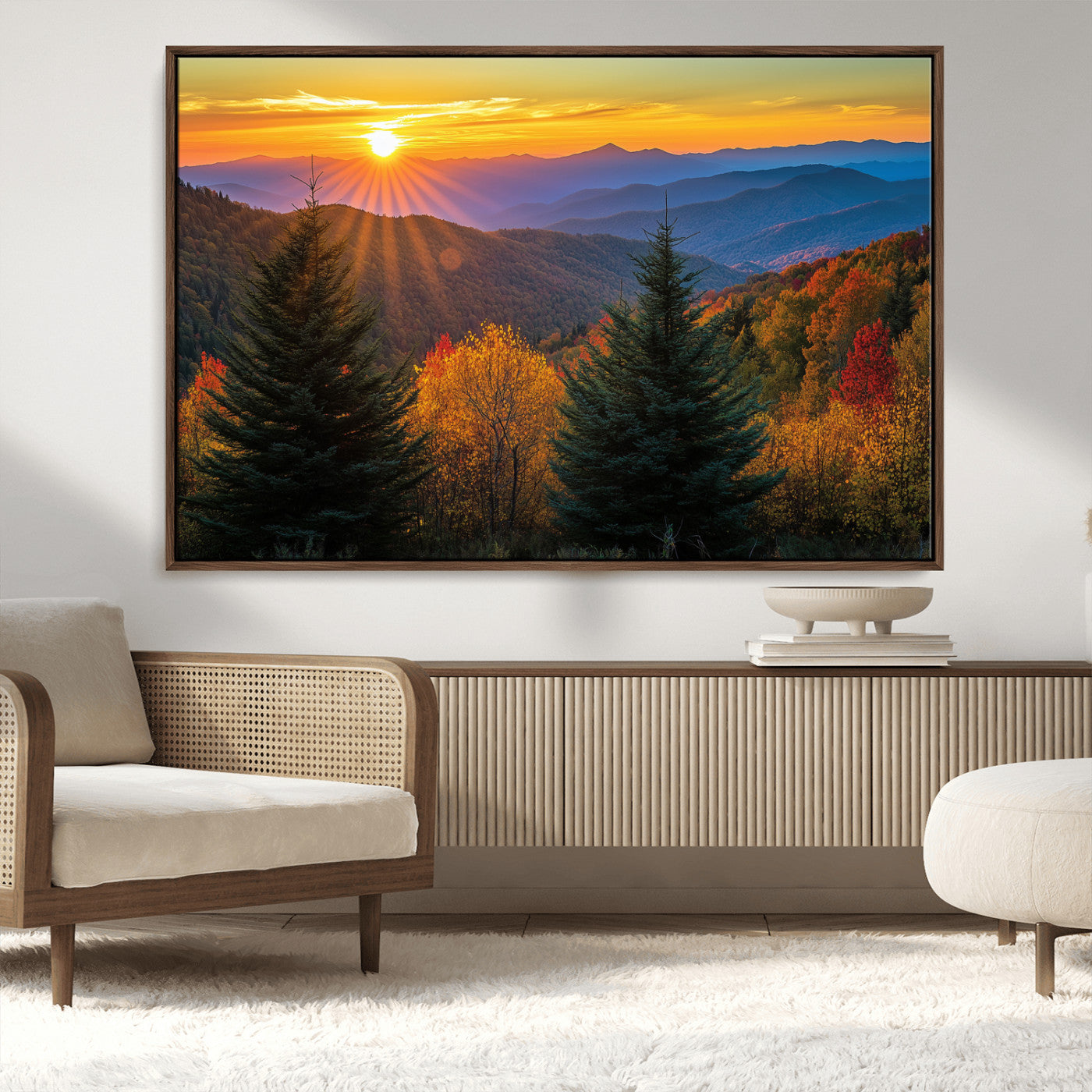 Vibrant sunset over autumn mountains with colorful trees and warm light, ideal for nature lovers or cabin-style wall decor.