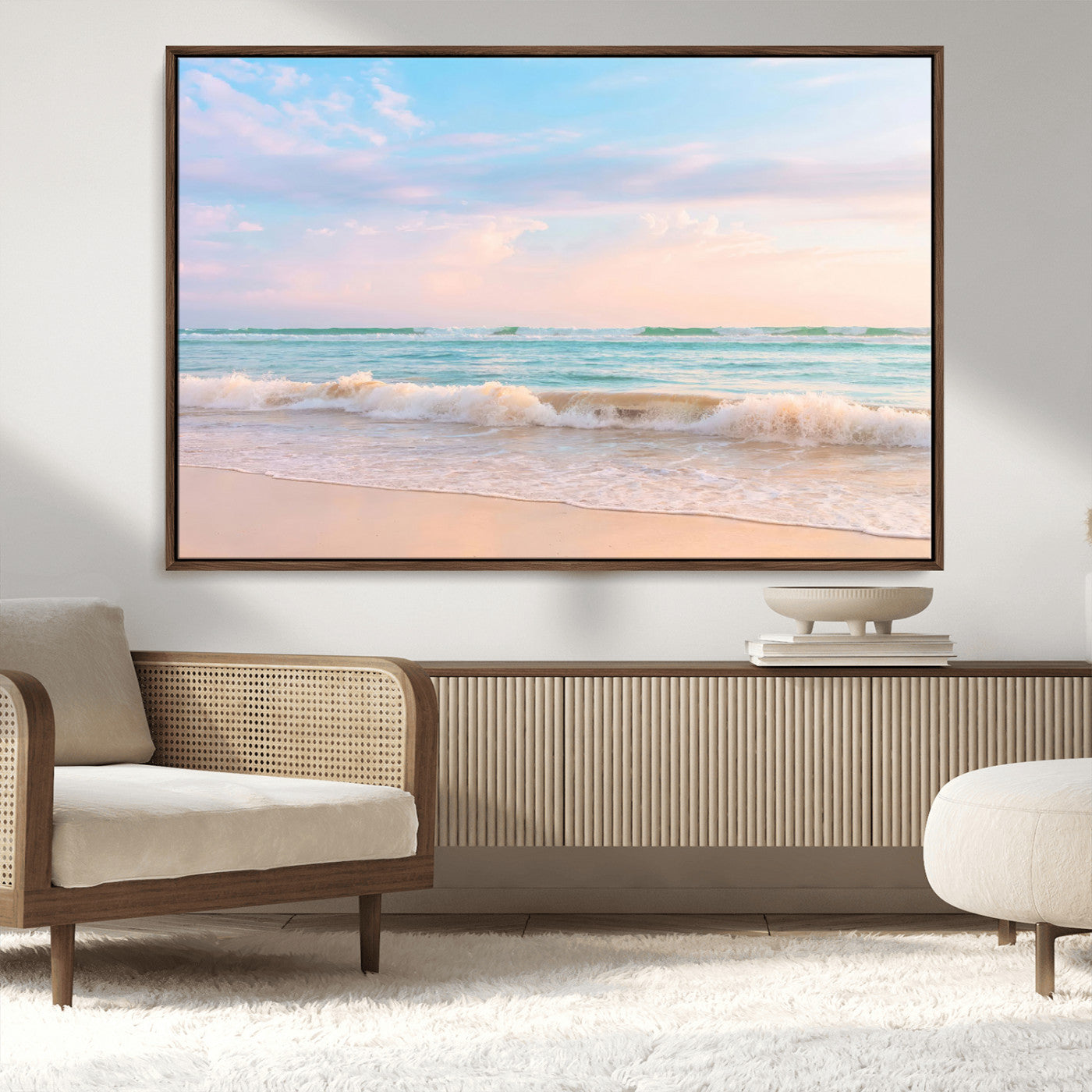 A peaceful beach scene with soft pastel skies, gentle waves washing up on the sandy shore, creating a calm and serene ocean view.