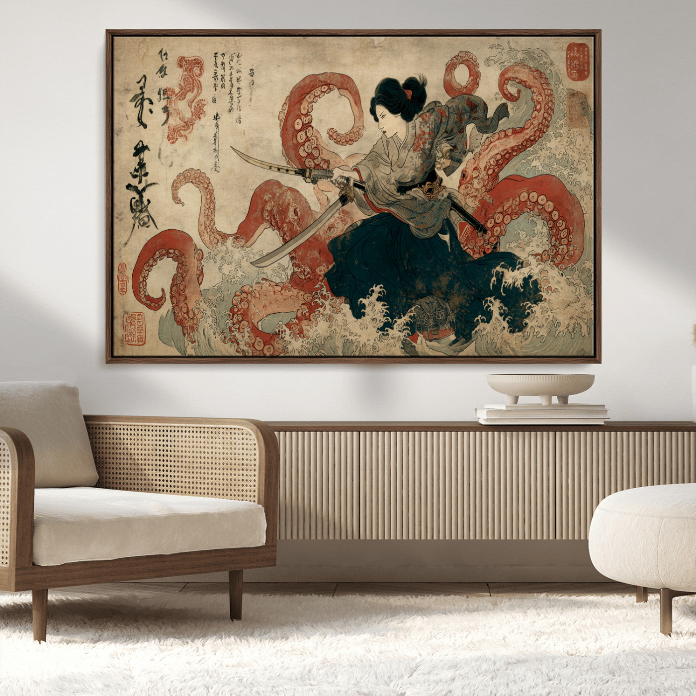 Tsukioka Yoshitoshi Samurai Wall Art Print, Japanese Katana Warrior Canvas Wall Art, Octopus Sea Monster Canvas Print,