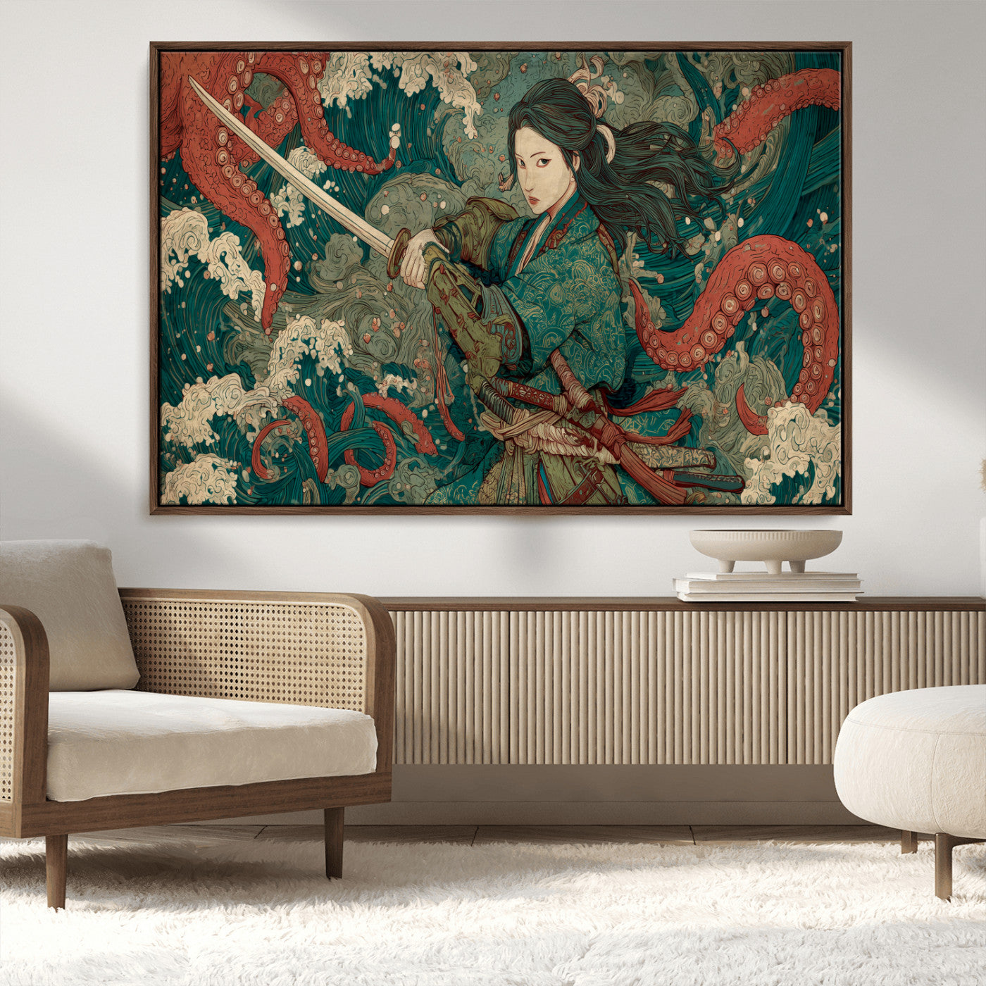 Tsukioka Yoshitoshi Samurai Wall Art Print, Japanese Katana Warrior Canvas Wall Art, Octopus Sea Monster Canvas Print,