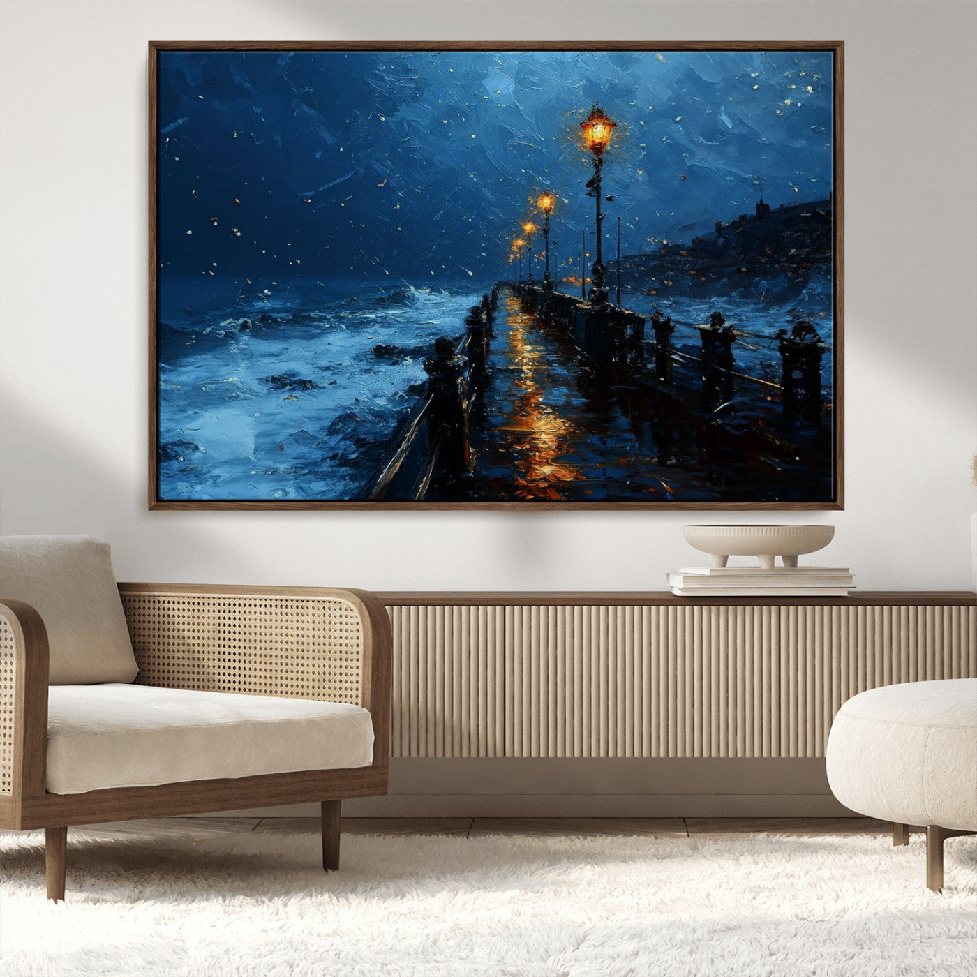 "Impressionistic painting of a rainy pier at night with glowing street lamps reflecting on the wet surface, ocean waves crashing under a dark blue sky."