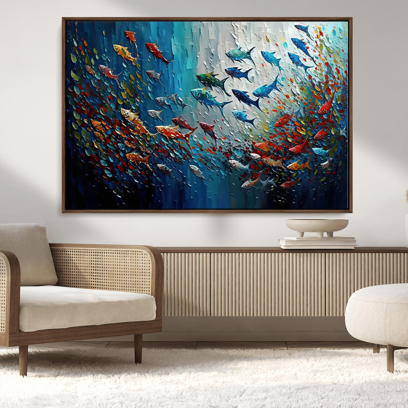 Colorful painting of fish swimming in abstract ocean swirls, perfect for vibrant marine-themed or expressive coastal home decor.
