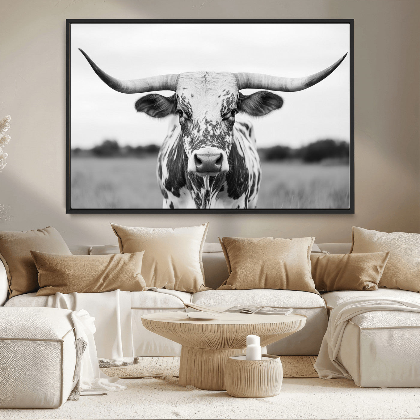 Capture the strength and elegance of nature with this striking black and white portrait of a longhorn cow. Its powerful presence makes a bold statement in any room.