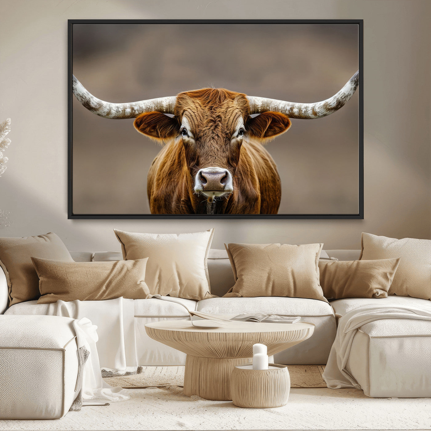 Close-up of a Texas Longhorn with strong curved horns and warm brown tones, perfect for rustic or western-style wall decor.