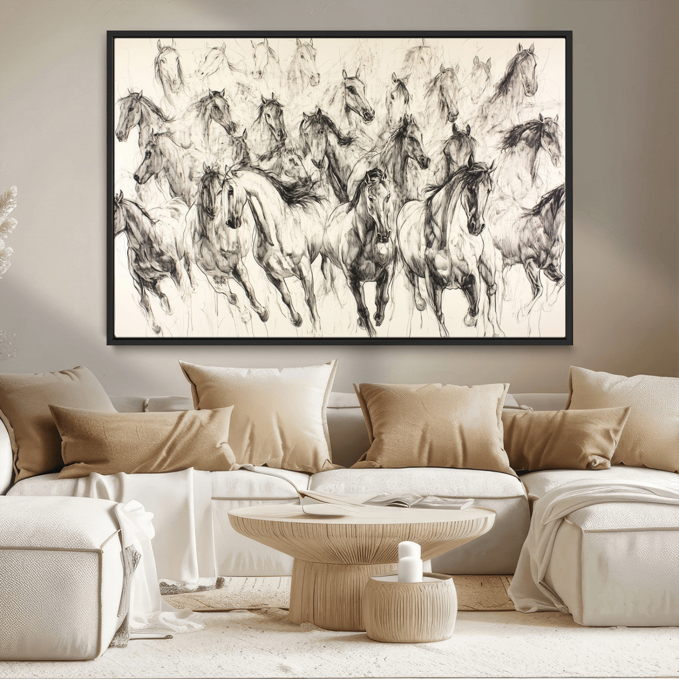 Monochrome ink sketch of galloping horses in dynamic motion, perfect for western or equine-themed wall decor with bold artistic energy.