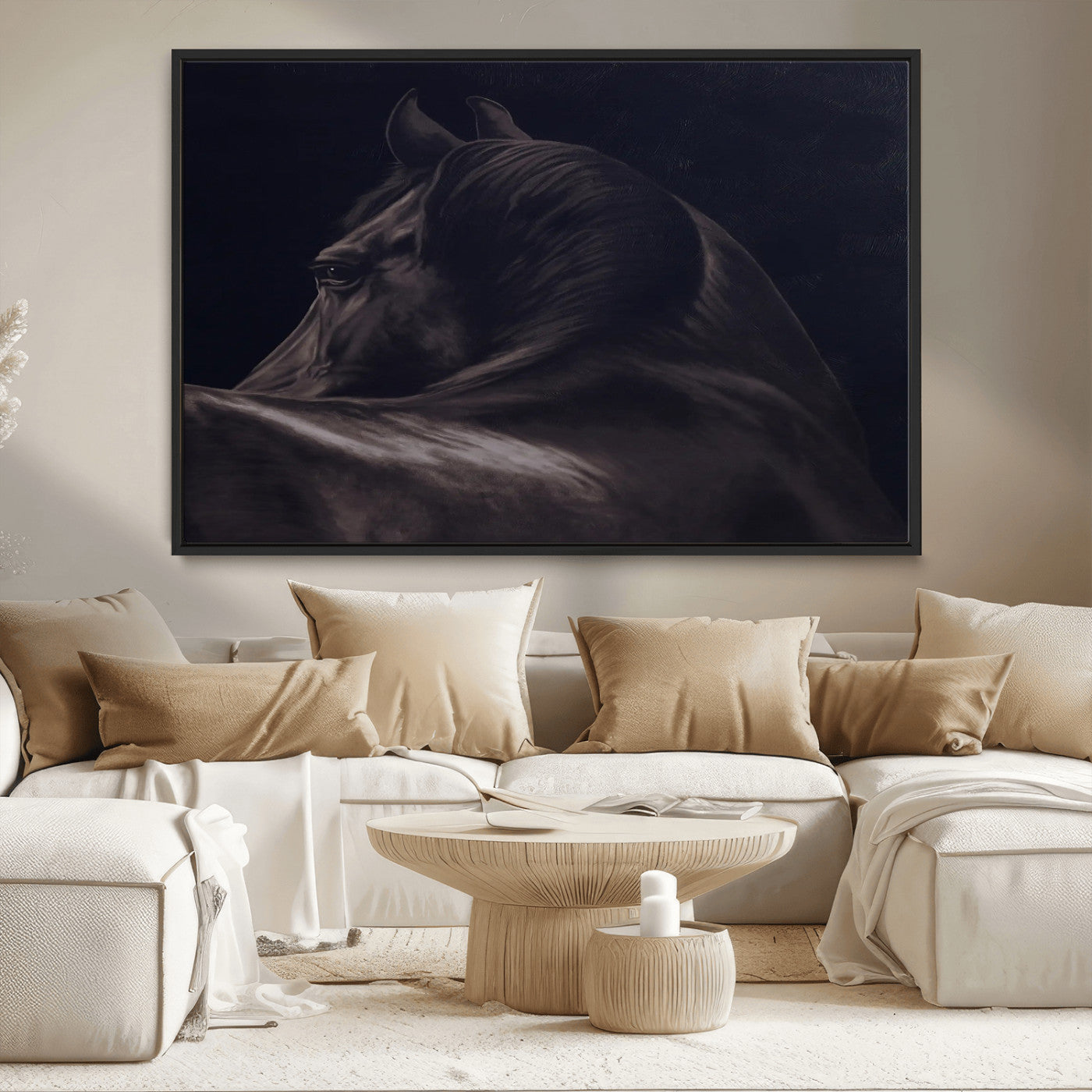 Close-up of a black horse with dramatic lighting on a dark background, perfect for rustic or masculine home decor.