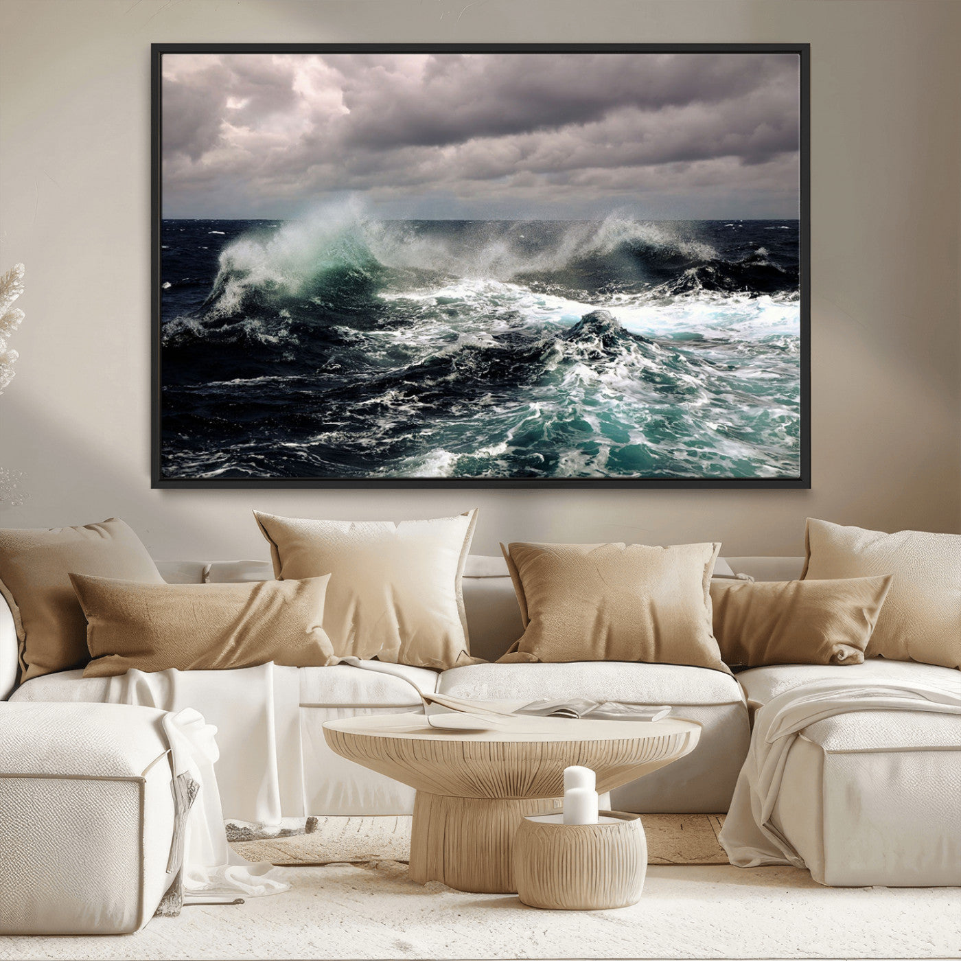 Powerful ocean waves crashing under stormy skies, creating a dynamic and intense seascape.