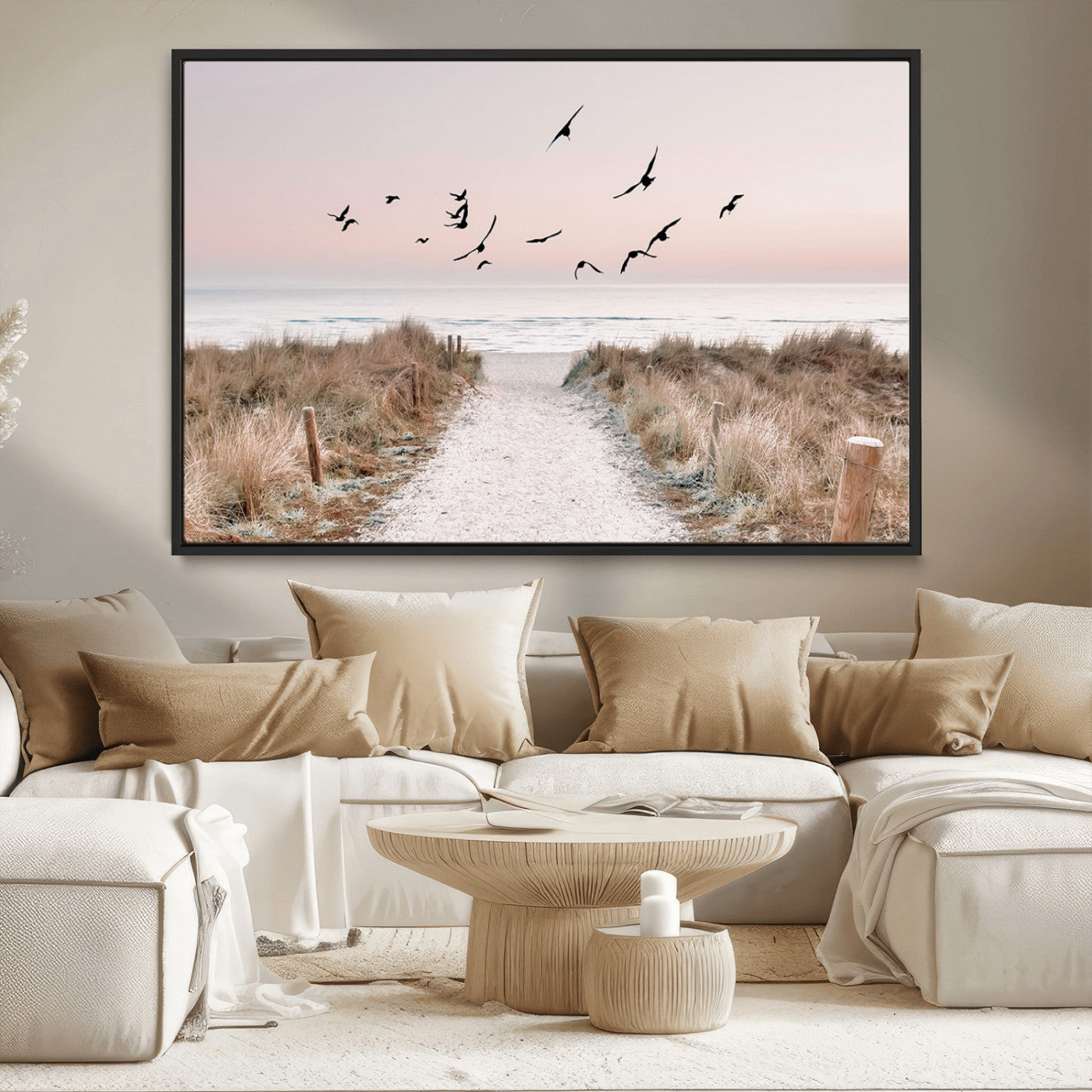 A peaceful coastal pathway leading to the ocean, with birds flying across a soft pastel sky, creating a calm and scenic beach atmosphere.