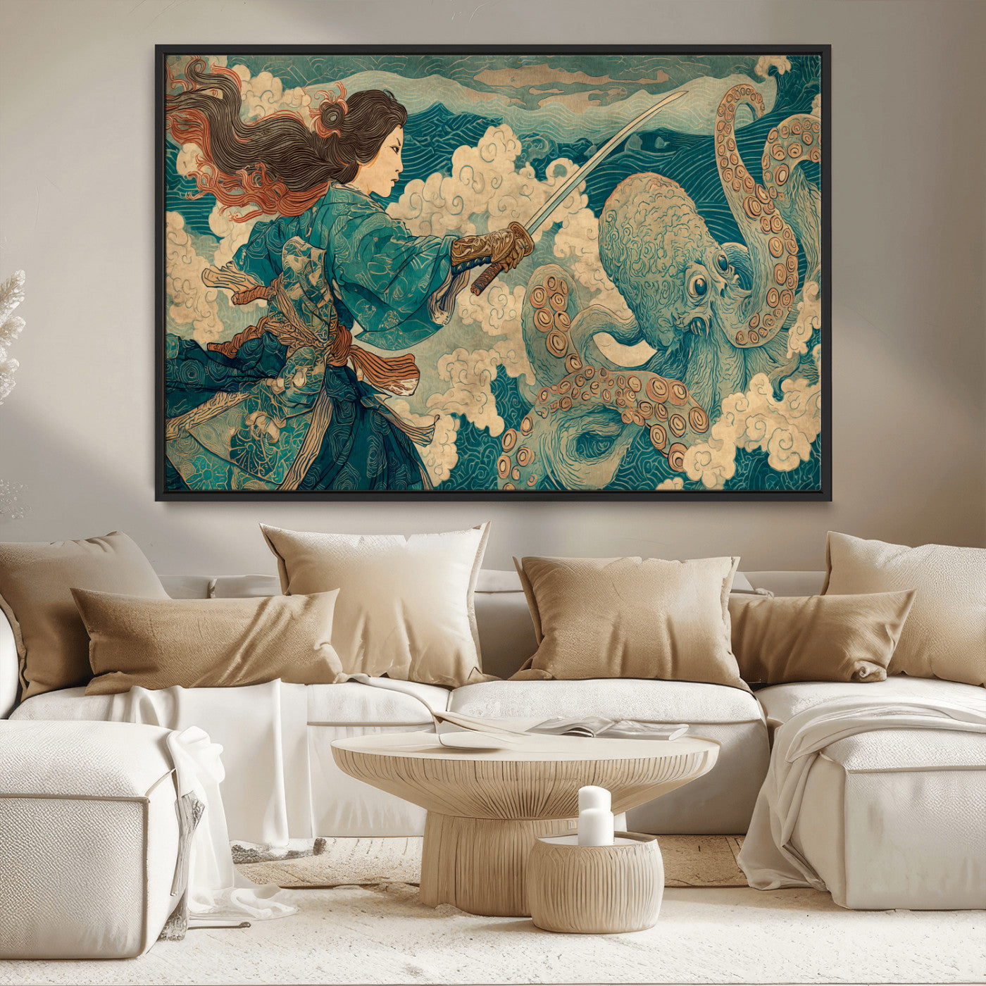 Tsukioka Yoshitoshi Samurai Wall Art Print, Japanese Katana Warrior Canvas Wall Art, Octopus Sea Monster Canvas Print,