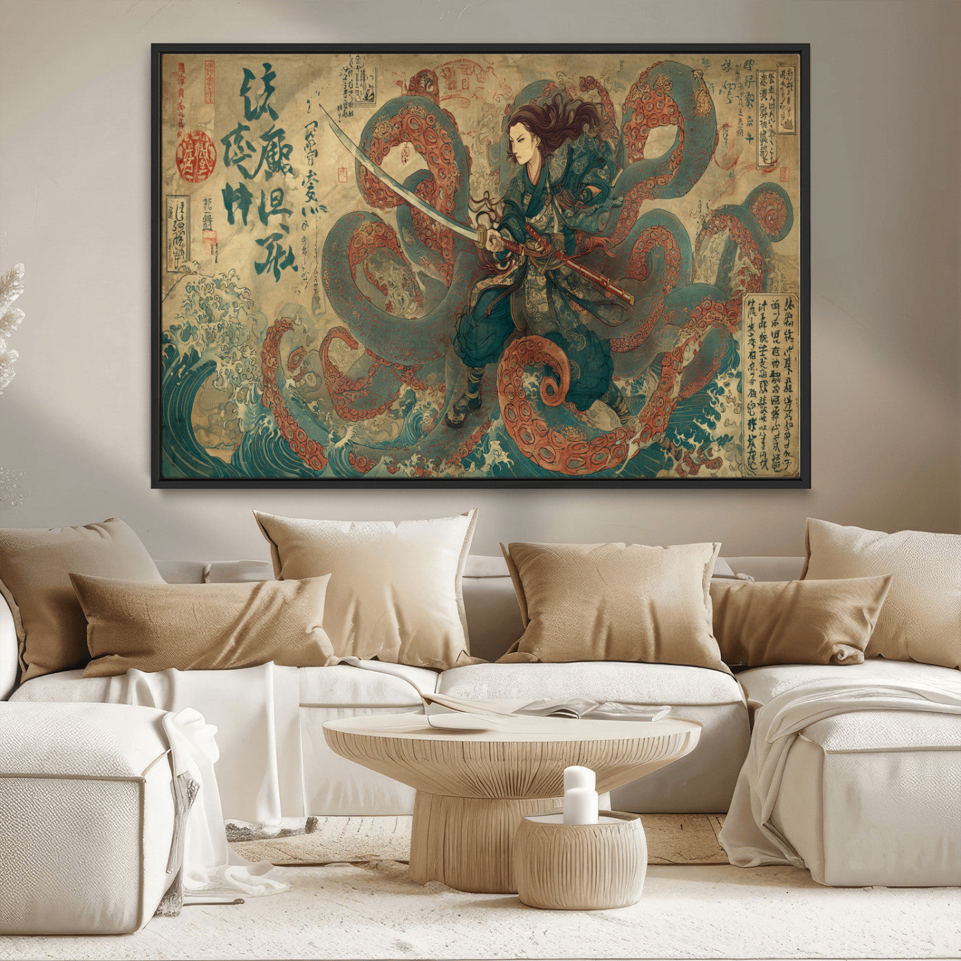 Tsukioka Yoshitoshi Samurai Wall Art Print, Japanese Katana Warrior Canvas Wall Art, Octopus Sea Monster Canvas Print,