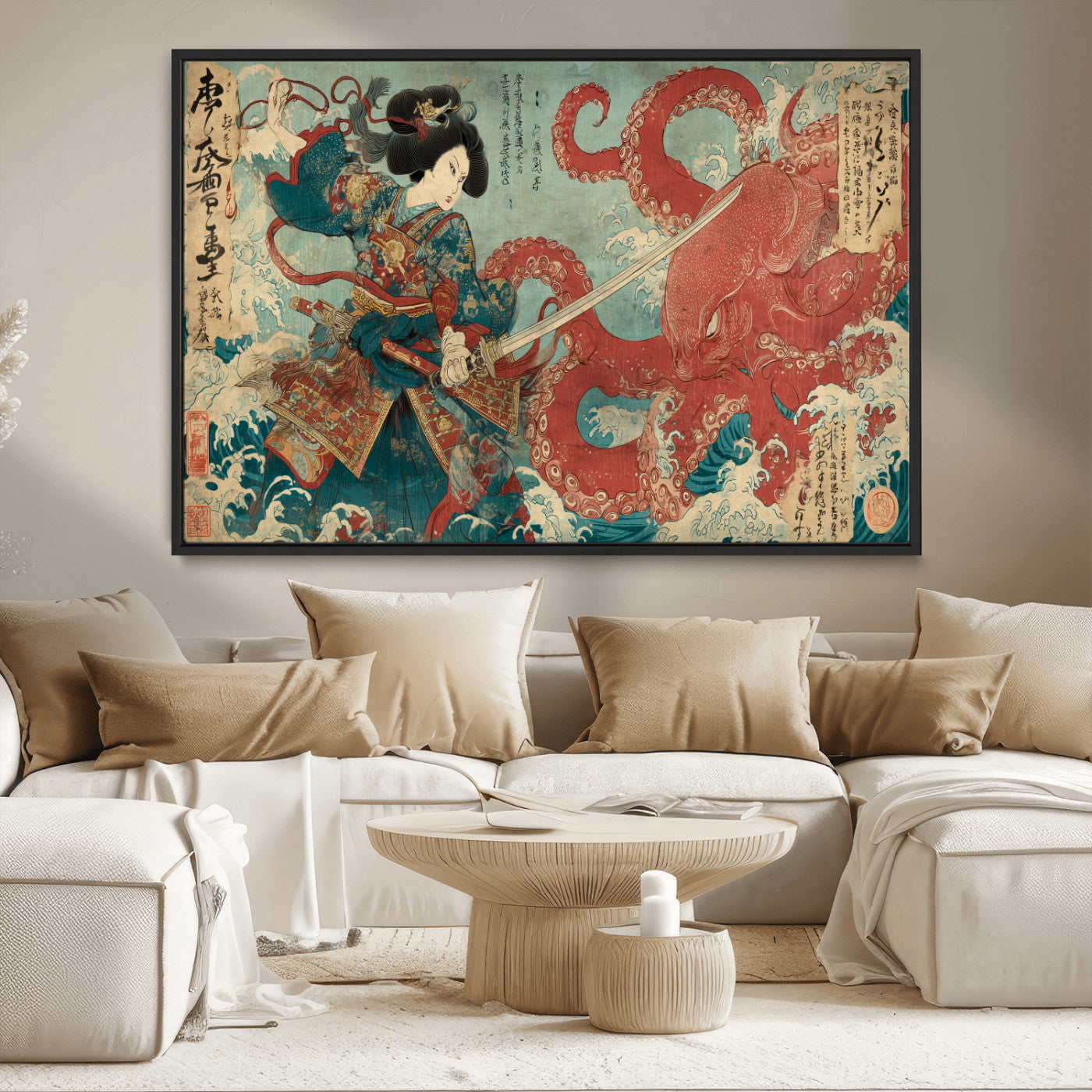 Tsukioka Yoshitoshi Samurai Wall Art Print, Japanese Katana Warrior Canvas Wall Art, Octopus Sea Monster Canvas Print,