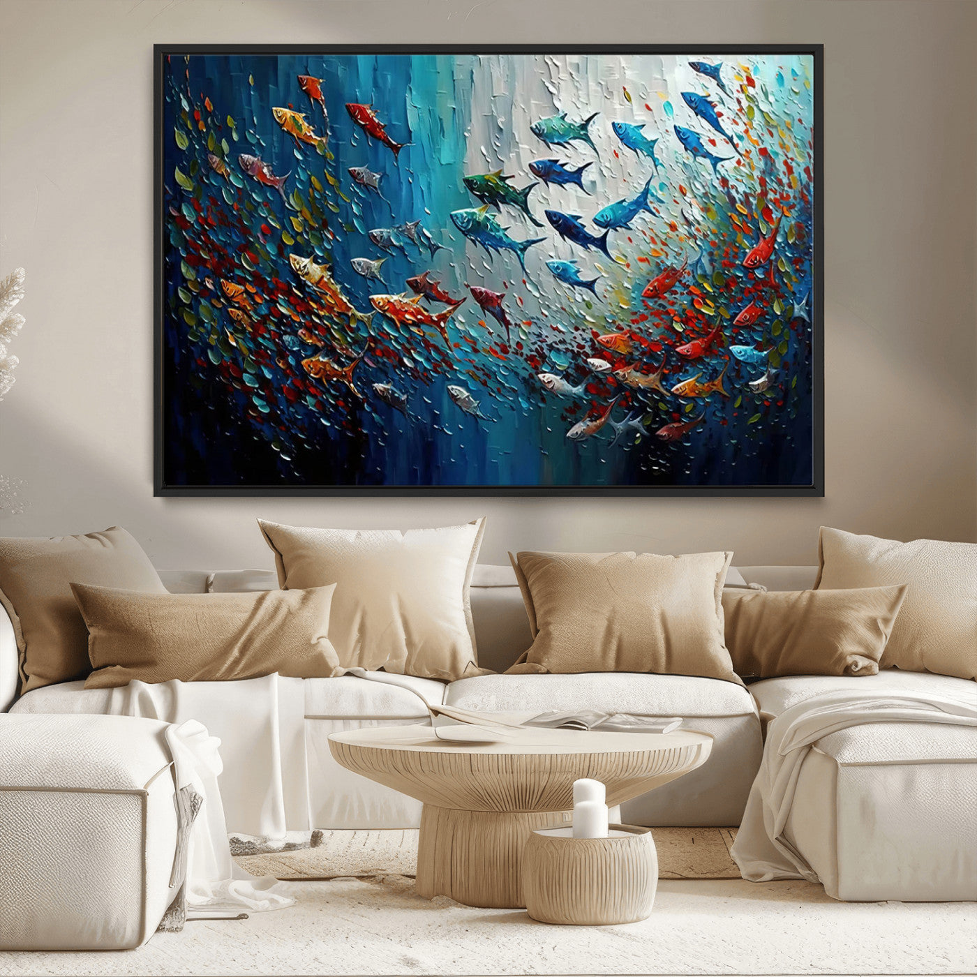 Colorful painting of fish swimming in abstract ocean swirls, perfect for vibrant marine-themed or expressive coastal home decor.