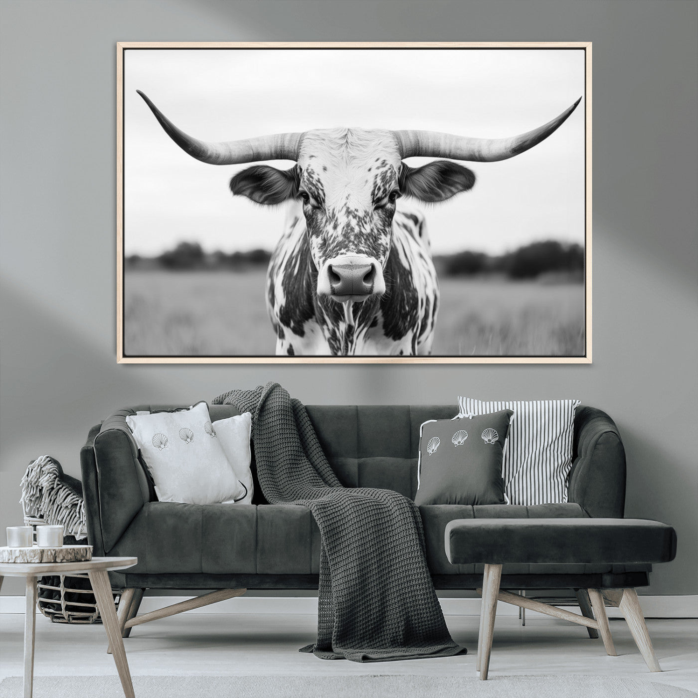 Capture the strength and elegance of nature with this striking black and white portrait of a longhorn cow. Its powerful presence makes a bold statement in any room.