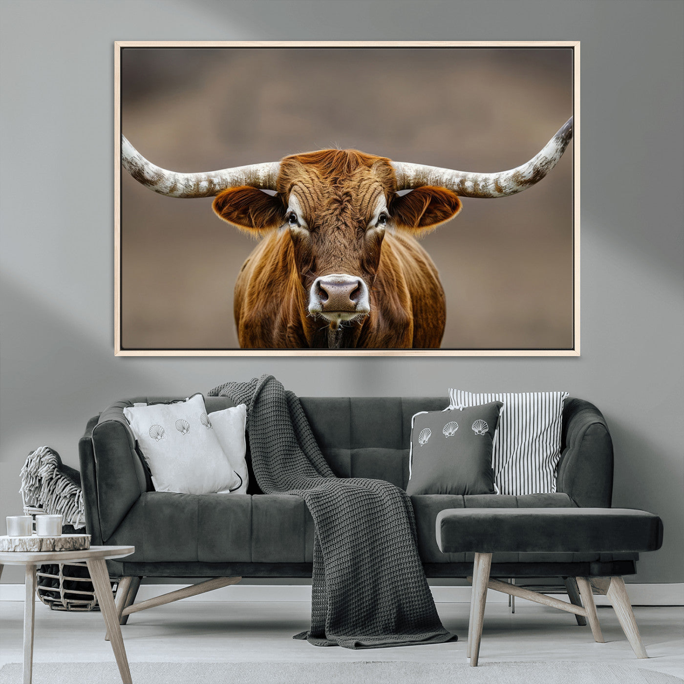 Close-up of a Texas Longhorn with strong curved horns and warm brown tones, perfect for rustic or western-style wall decor.