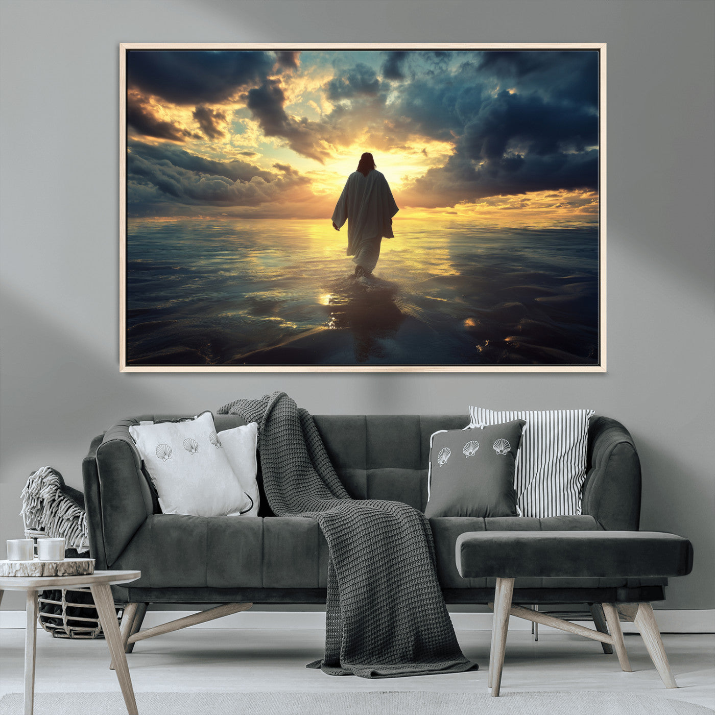 Spiritual artwork of Jesus walking on water at golden hour with divine light, ideal for Christian home decor or prayer room.