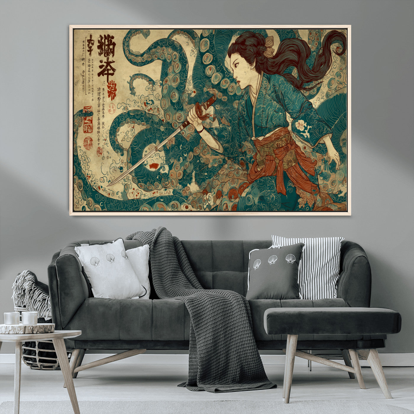 Tsukioka Yoshitoshi Samurai Wall Art Print, Japanese Katana Warrior Canvas Wall Art, Octopus Sea Monster Canvas Print,