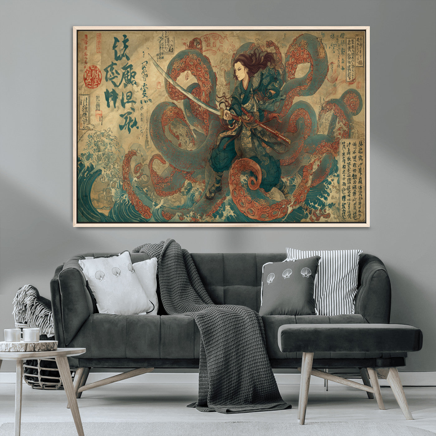 Tsukioka Yoshitoshi Samurai Wall Art Print, Japanese Katana Warrior Canvas Wall Art, Octopus Sea Monster Canvas Print,