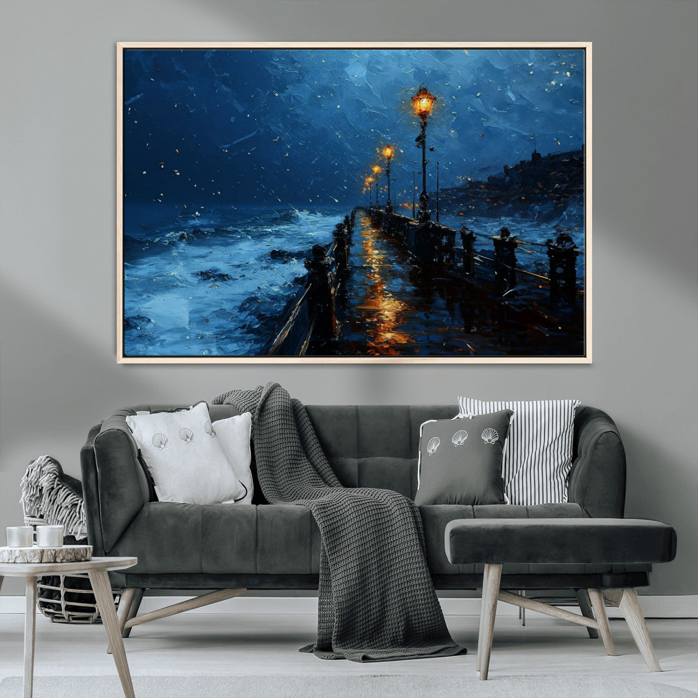 "Impressionistic painting of a rainy pier at night with glowing street lamps reflecting on the wet surface, ocean waves crashing under a dark blue sky."