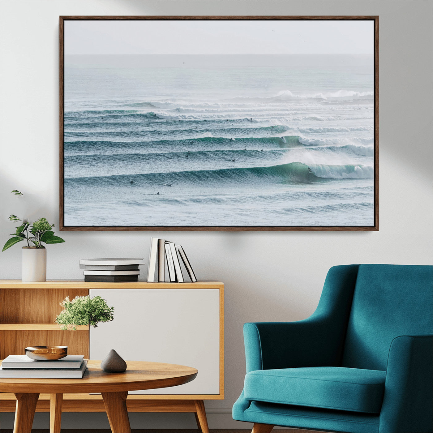 High-angle view of surfers lining up across layered ocean waves, ideal for minimal coastal or surf-inspired room decor.